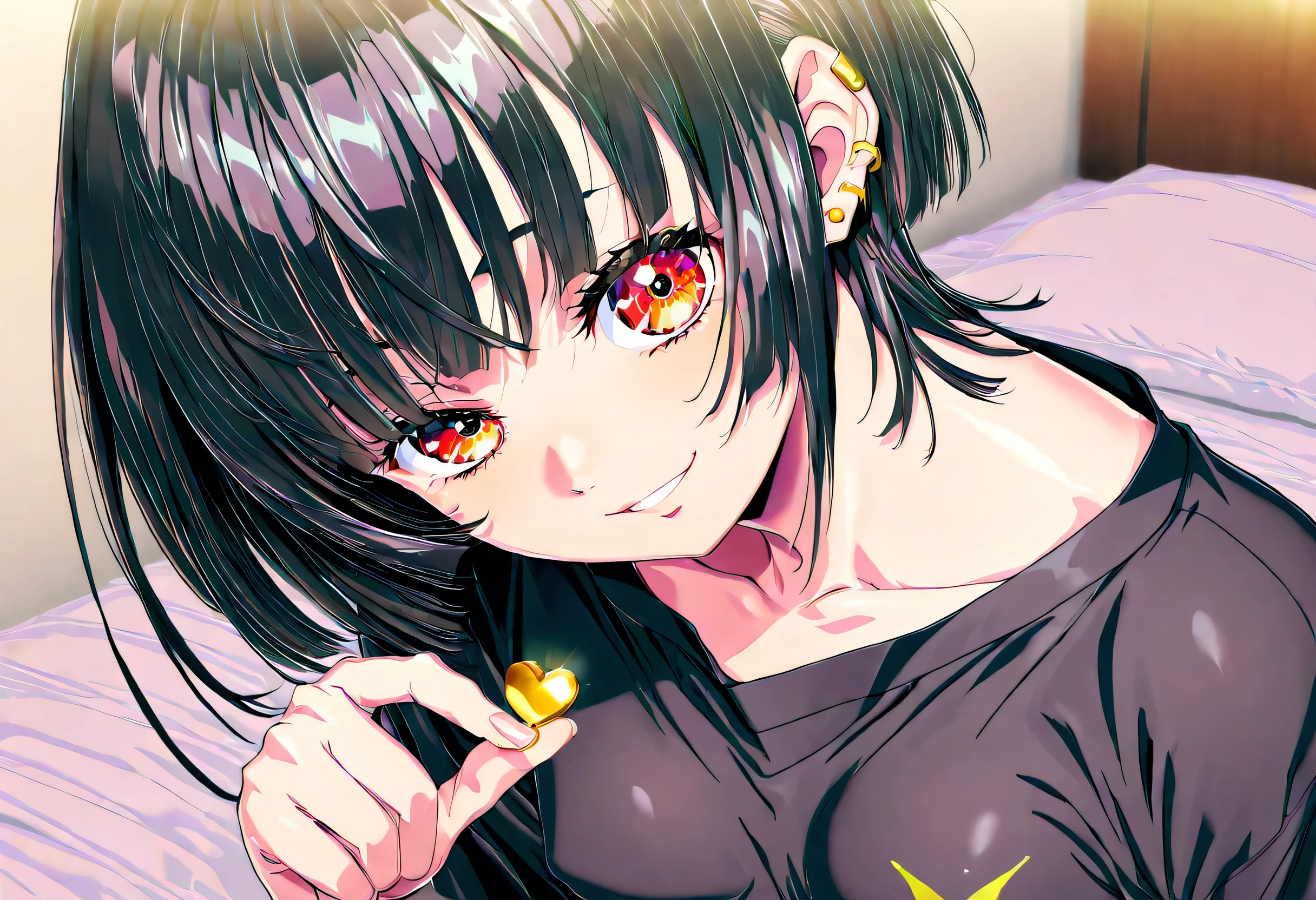 (Yokota Mamoru style),masterpiece, Top quality, Newest, high resolution, 1 girl repairing her left hand,stare at the viewers,Charming smile,(portrait :1.4)、信じられないほどhigh resolution,masterpiece, Top quality, amazing quality from bottom left diagonally,Top quality,BEAUTIFUL EYES,信じられないほど奇妙なhigh resolution ,intricate details, HD Skins,solo,dark haired,The hotel on the right,bed,Oversized black t-shirt,gold,(with one eye hidden with hair),piercings,Small Breasts,glass,Triple Eye,