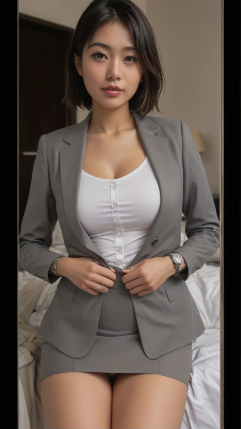 (Top Quality, 8k, 32k, Masterpiece, UHD: 1.2), 1 girl, beautiful Japan woman, thin waist, gray suit, open jacket, office lady, suit, pants, from the front, office, desk, (sticking out the buttocks: 1.2), fine face, short hair,