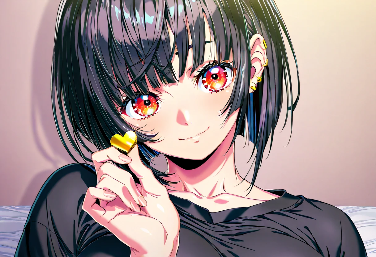 masterpiece, best quality,<lora:QUASARCAKE_XL_ANI31_lokr_V42310:0.95> 1girl, solo, yellow nails, smile, black background, jewelry, black hair, looking at viewer, jacket, nail polish, earrings, eyewear on head, long hair, sunglasses, bow, choker, hair bow, yellow-framed eyewear, simple background, black jacket, hands up, collarbone, closed mouth, upper body, shirt, black choker, black bow, black theme, multicolored nails, portrait, spot color