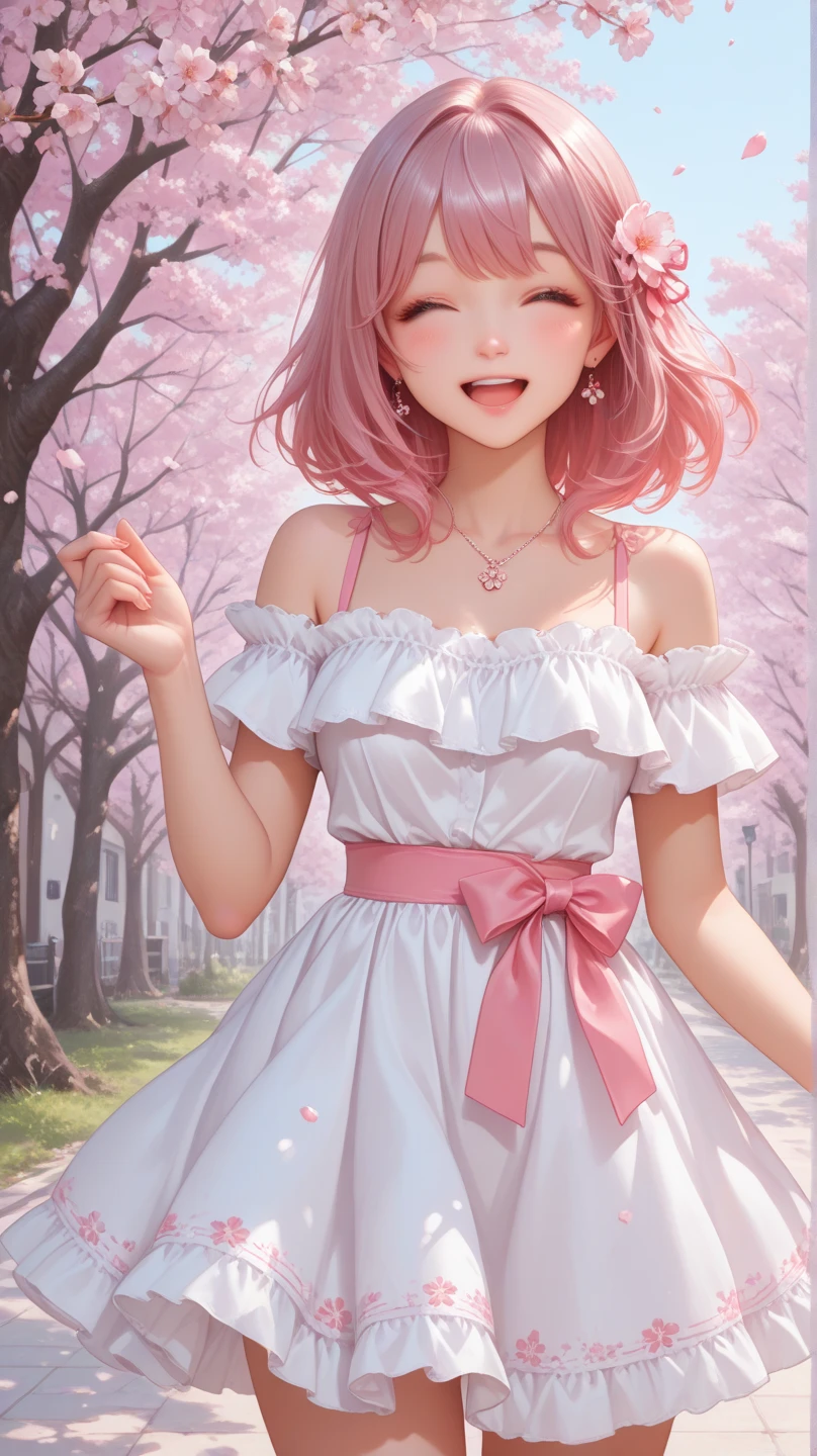 An anime girl with pink hair and a white dress standing in front of a door, Anime drawing by Shingei, Pixiv, What it is？, Anime Style 4k, Beautiful and detailed anime art, Cute anime waifu in a nice dress, Gwaiz, Cute girl anime visuals, Gwaiz on Pixiv artstation, Young Anime Girl