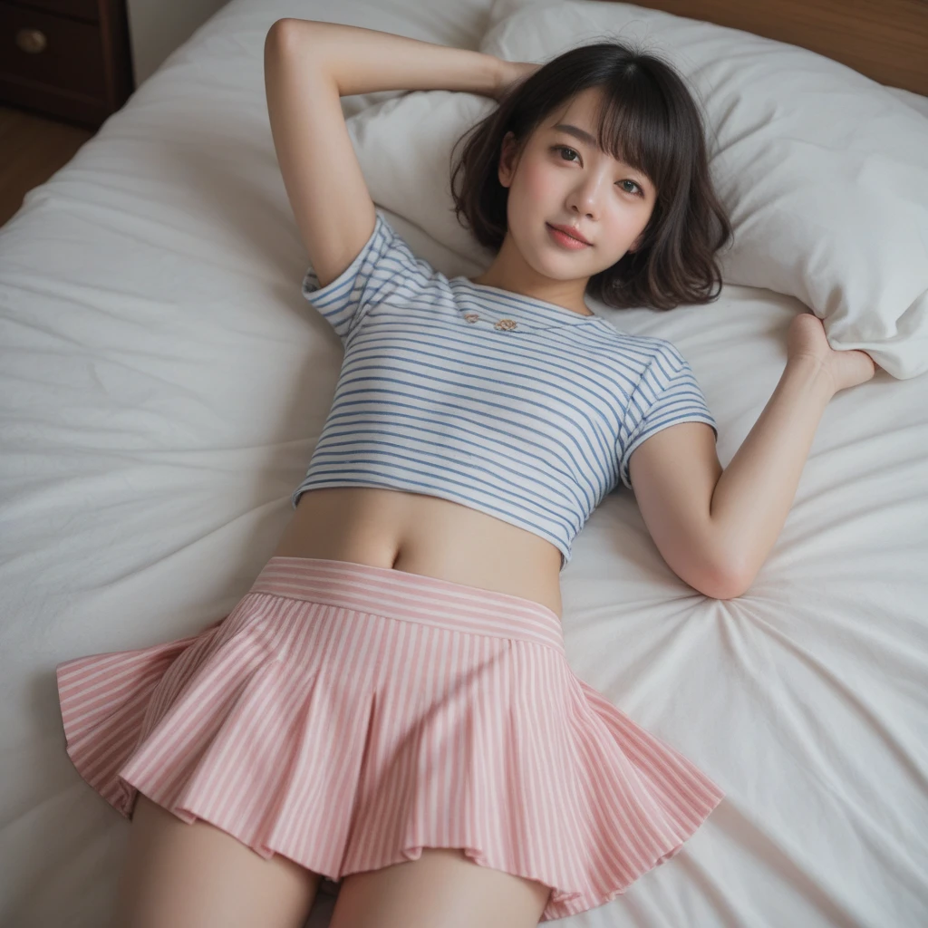 Beautiful Korean ager, tight short sleeve top, large breasts, long hair, short skater skirt, masterpiece, full body shot, eyes closed, mouth wide open, laying down on back,