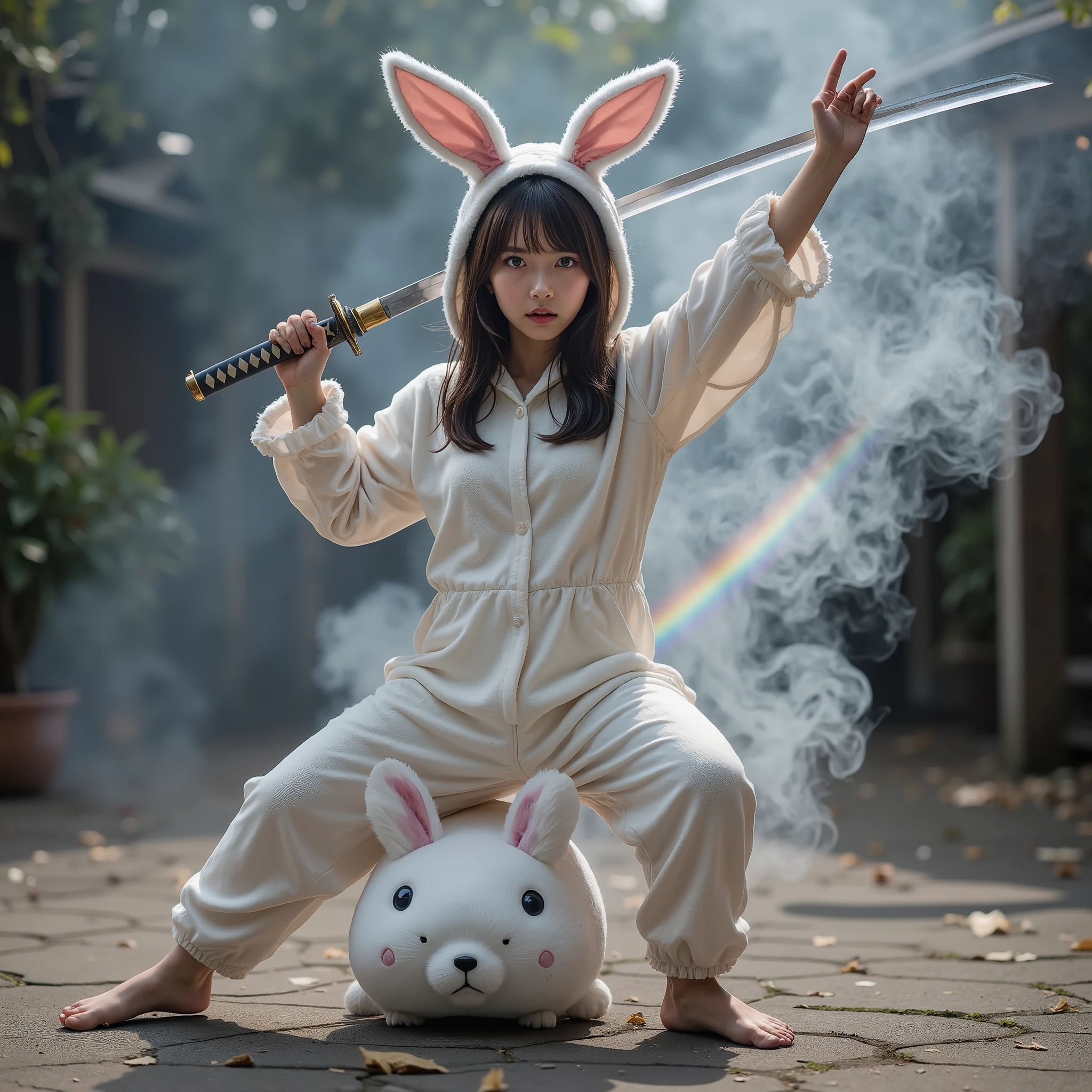 ExtremelyDetailed Sexy Beautys in Live-Action, The white Vorpal Bunny turned into a Kawaii Bishoujo, 変化之術, Smoky witchcraft, smoking hot, Stuffed Bunny Onesie, Haunting and Ethereal, Luminous Rainbow Particles 🌈, One hand Swinging a KATANA with Luminescent trajectory, Half-Crouching full body from below, Barefoot