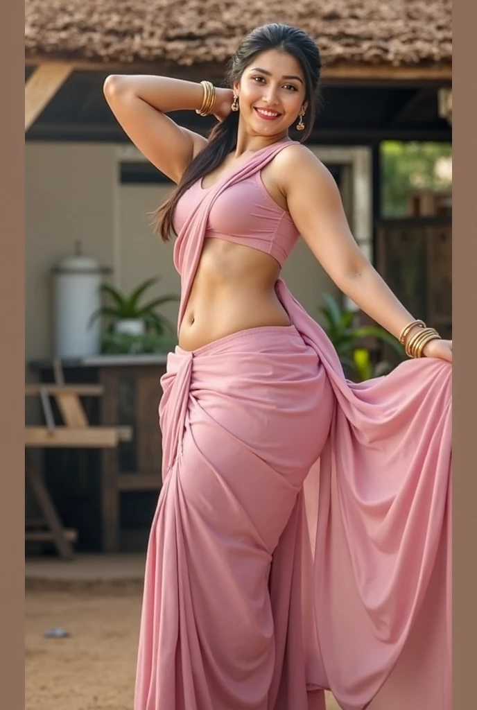 Create a stunning image of Nayanthara, wearing a pink creamy saree, is coiled in a huge windy strawberry tongue, beautiful picturesque landscape in the background, signaling a spark of love and excitement, the sky is blue and vibrant, she is showered with white petals from heaven, she is full of energy for having more of this treat, she is happy and tranquil, a attractive, beautiful, curvy, voluptous, half body shot, perfect composition, go