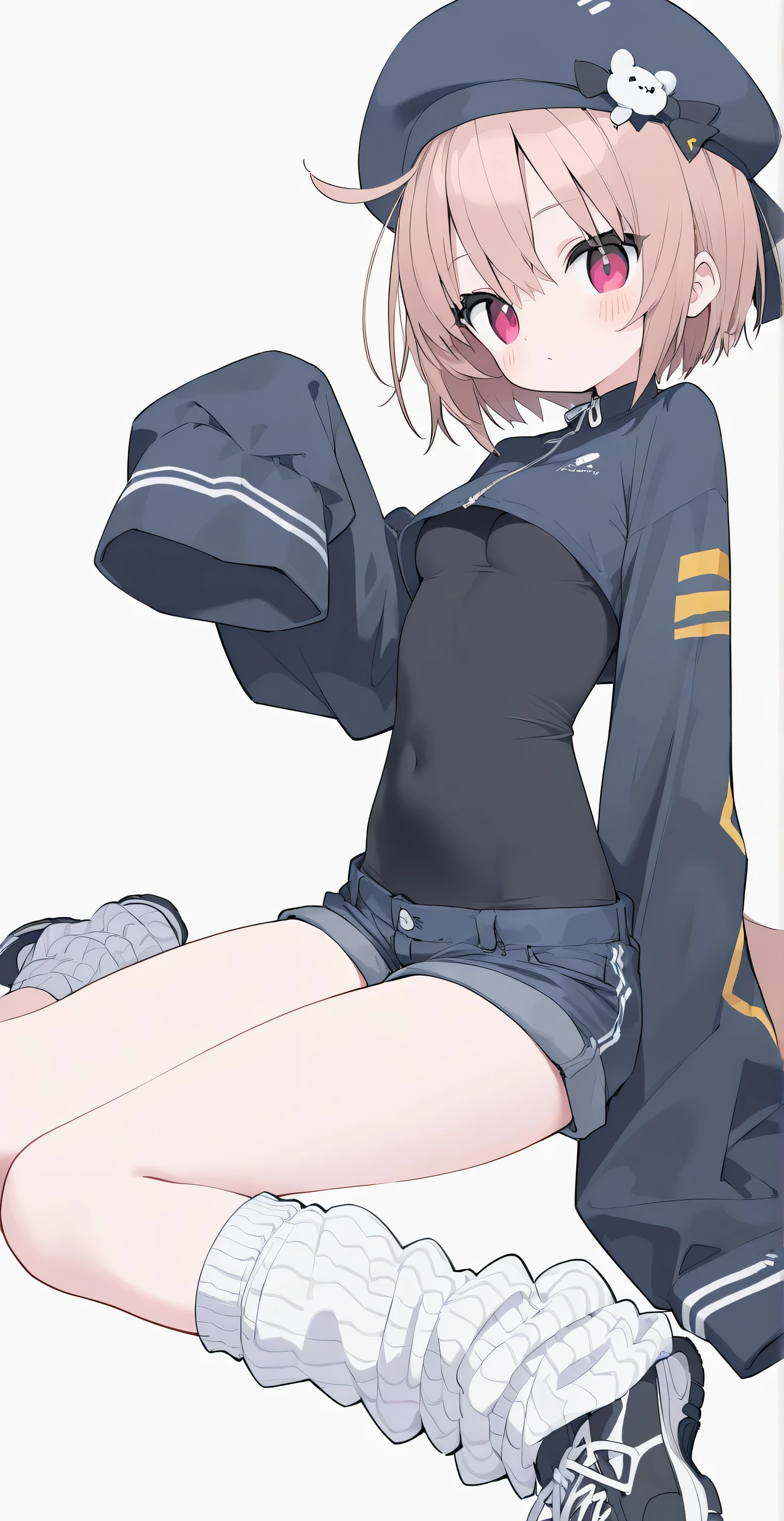 girl,boyish, very short hair, pink Hair, medium Breasts, summer clothing,Cowboy Shot,blush,sexy face,blue eyes,front leg pose,Tight fit,clearly,Striped pattern, (white background:1.3),