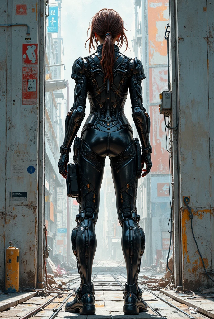 1 Girl, solo girl, There's a cyborg woman dressed in futuristic leotard seen from behind in a dark sci Fi scenario, horror sci Fi, horror cyberpunk, beautiful woman, perfect body, thong leotard, sensual pose, ultra detailed, photorealistic, masterpiece, trending on Artstation, Walking backwards, full body, showing back, symmetrical portrait, dark environment, haze, fog, Photo realistic, cinematic, realistic, portrait full body, cinematic filter