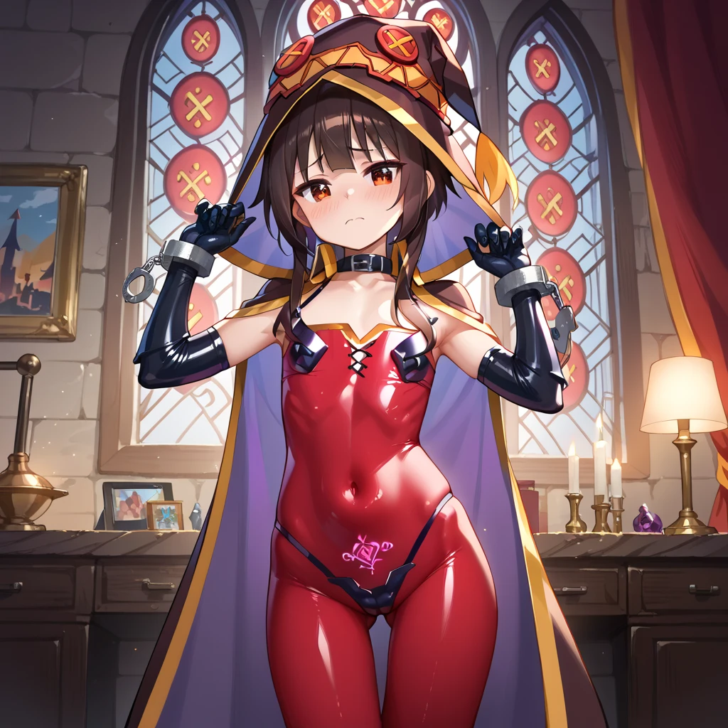 masterpiece, Highest quality, Absurd, ((One person)), , meaning_holiday, A light smile, Dark Skin, Green Eyes, Egyptian, Bobcut, Red dress, (Black hood), Black gloves,(Shiny thighs),, , Exposing shoulders,Sexy thighs,(((Beautiful legs))),((alone)),Panty shot,Wicked Smile,,,In the bedroom,Under the skirt,Camel Toe.Raise one leg,,stretch,parted lips,lip,tail