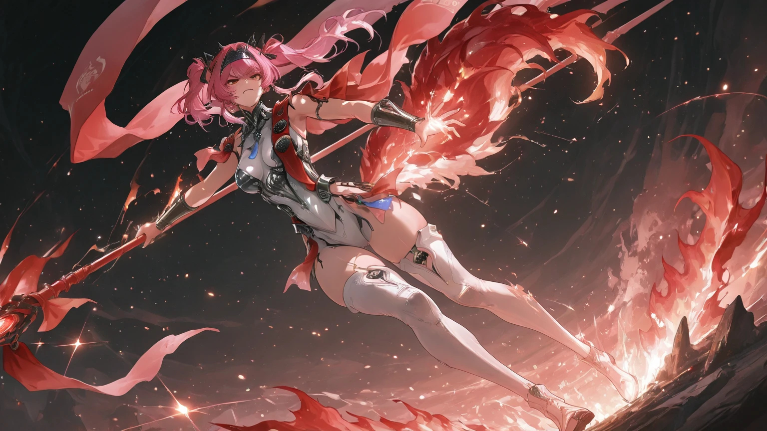 pyra \(xenoblade\), _1girl, armor, bangs, black gloves, breasts, red eyes, closed mouth, earrings, eyelashes, fingerless gloves, floating hair, framed breasts, gem, gloves, hair ornament, headpiece, jewelry, big_breasts, leaning back, leotard, neon trim, official art, pose, red hair, red shorts, saitou masatsugu, short hair, short shorts, short sleeves, shorts, sidelocks, skin tight, solo, standing, swept bangs, thighhighs, tiara, night_prairie_background, turtleneck, underbust, vambraces, xenoblade chronicles \(series\), (xenoblade chronicles 2), apart_legs, fire_effect,dynamic_pose,fighting,light_smile, (plump:1.1), big_ass,huge_sword, hold_large_sword_hilt, solo, covered_nipples, covered_pussy,open_mouth,back_view, fists,