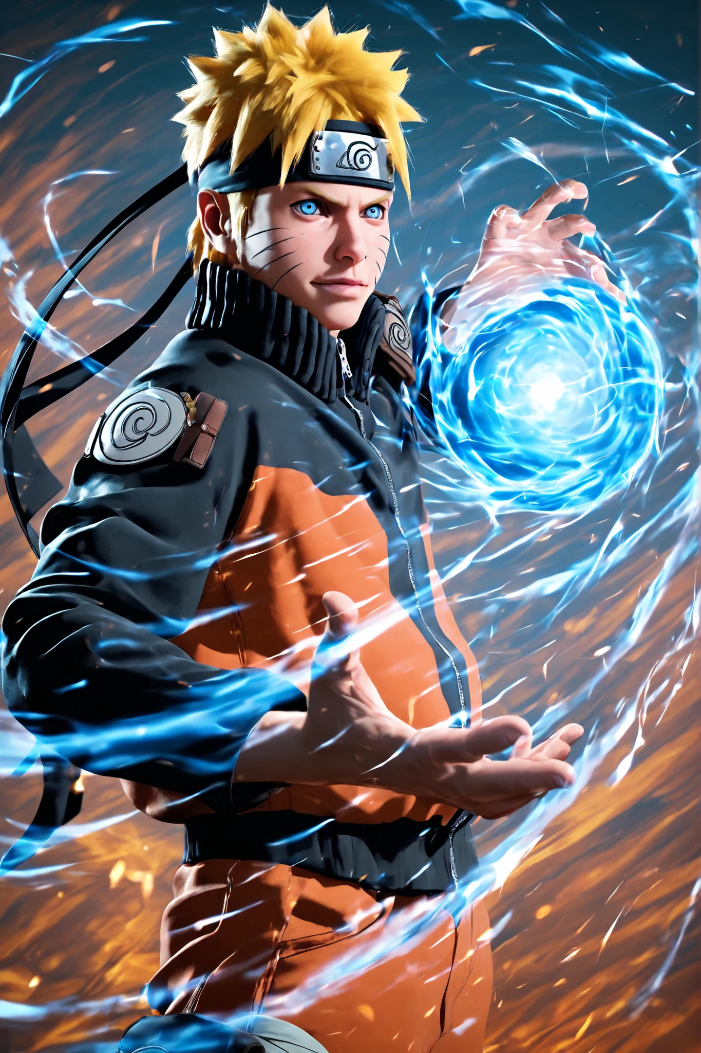 A handsome young man resembling Naruto Uzumaki, with spiky blond hair, blue eyes, and three lines on his cheeks. He wears an orange and black ninja outfit with a headband. Taken from a dynamic side view as he acts, jumps and floats in the air, his right arm is outstretched with a spinning blue energy ball (rasengan) shining brightly. Blurred lines of movement follow behind him, and the energy ball emits a light spinning effect. Captured in slow motion, Style: 3D anime realistic art, ultra HD, high detail, cinematic lighting, vibrant background, dramatic shadows.
