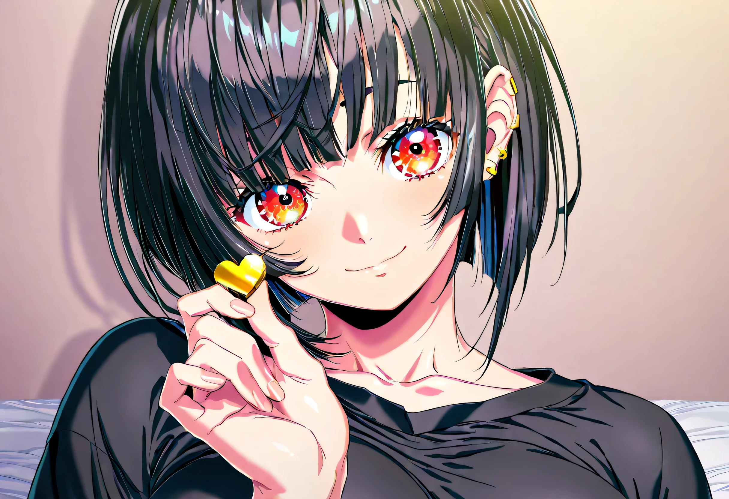 (Yokota Mamoru style),masterpiece, Top quality, Newest, high resolution, 1 girl repairing her left hand,stare at the viewers,Charming smile,(portrait :1.4)、信じられないほどhigh resolution,masterpiece, Top quality, amazing quality from bottom left diagonally,Top quality,BEAUTIFUL EYES,信じられないほど奇妙なhigh resolution ,intricate details, HD Skins,solo,dark haired,The hotel on the right,bed,Oversized black t-shirt,gold,(with one eye hidden with hair),piercings,Big breasts,Triple Eye,