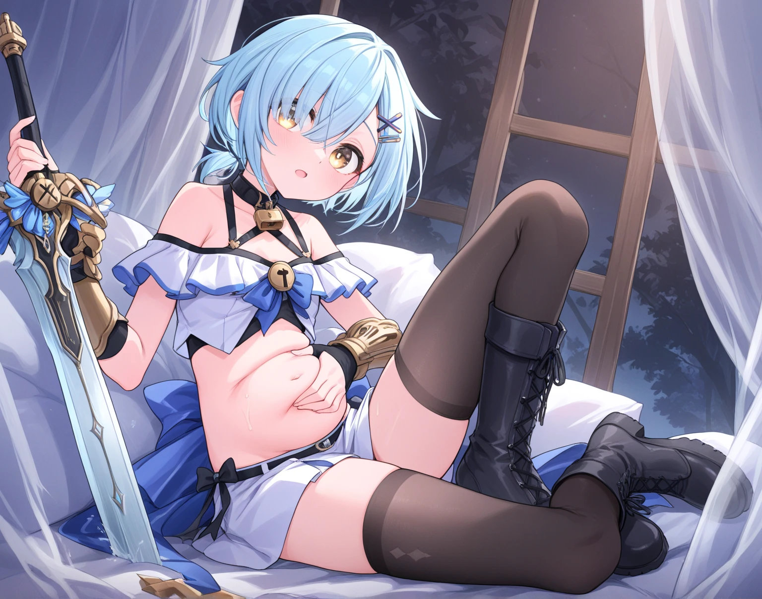 (ultra high resolution:1.5), (masterpiece), (best quality:1.2), intricate details, jingliu, sitting on a chair, legs open wide, (nothing covering pussy:1.5), (no panties:1.2), (no bra:1.6), (nothing covering tits:1.10