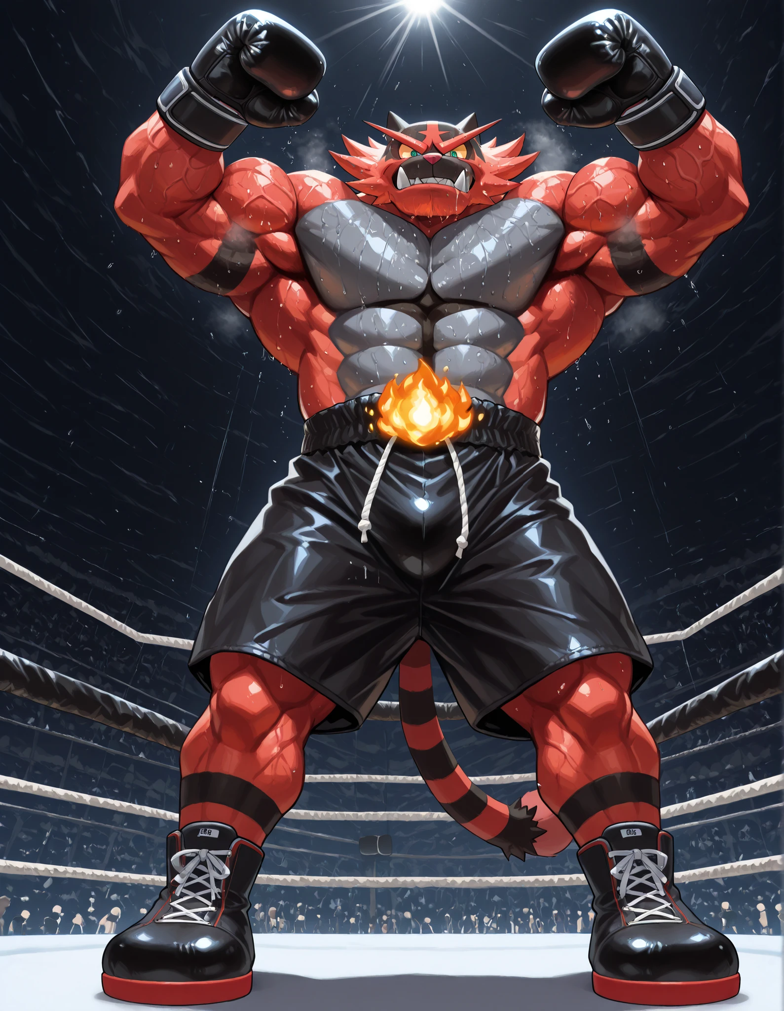 Incineroar, anthro male, high quality, full body, looking down at viewer, looking up from directly below, solo, boxing ring background, black boxing gloves, thick very veiny arms, very veiny muscular, black boxing shorts, black boxing shoes, heavyweight boxing champion, glistening fur, sweaty, brutal expression, steam, heavy breathing, brutal eyes, gear up with fighting spirit, shirtless, stand up straight, A manly victory pose with his arms raised high and his chest held high, b0xingp0v