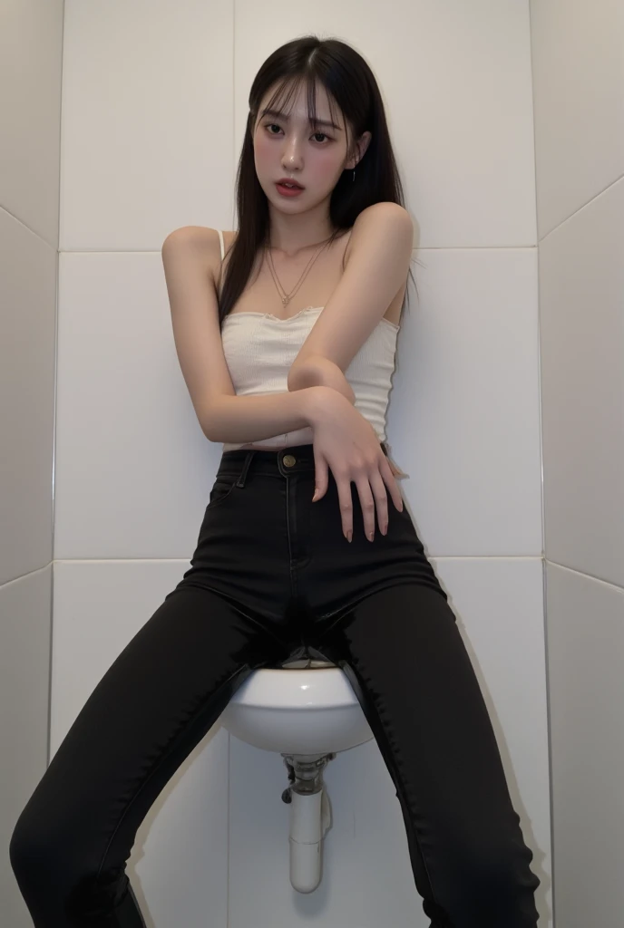 Malay Girl sees the ghost and pees her black culotte pants until her pants are wet in fright.