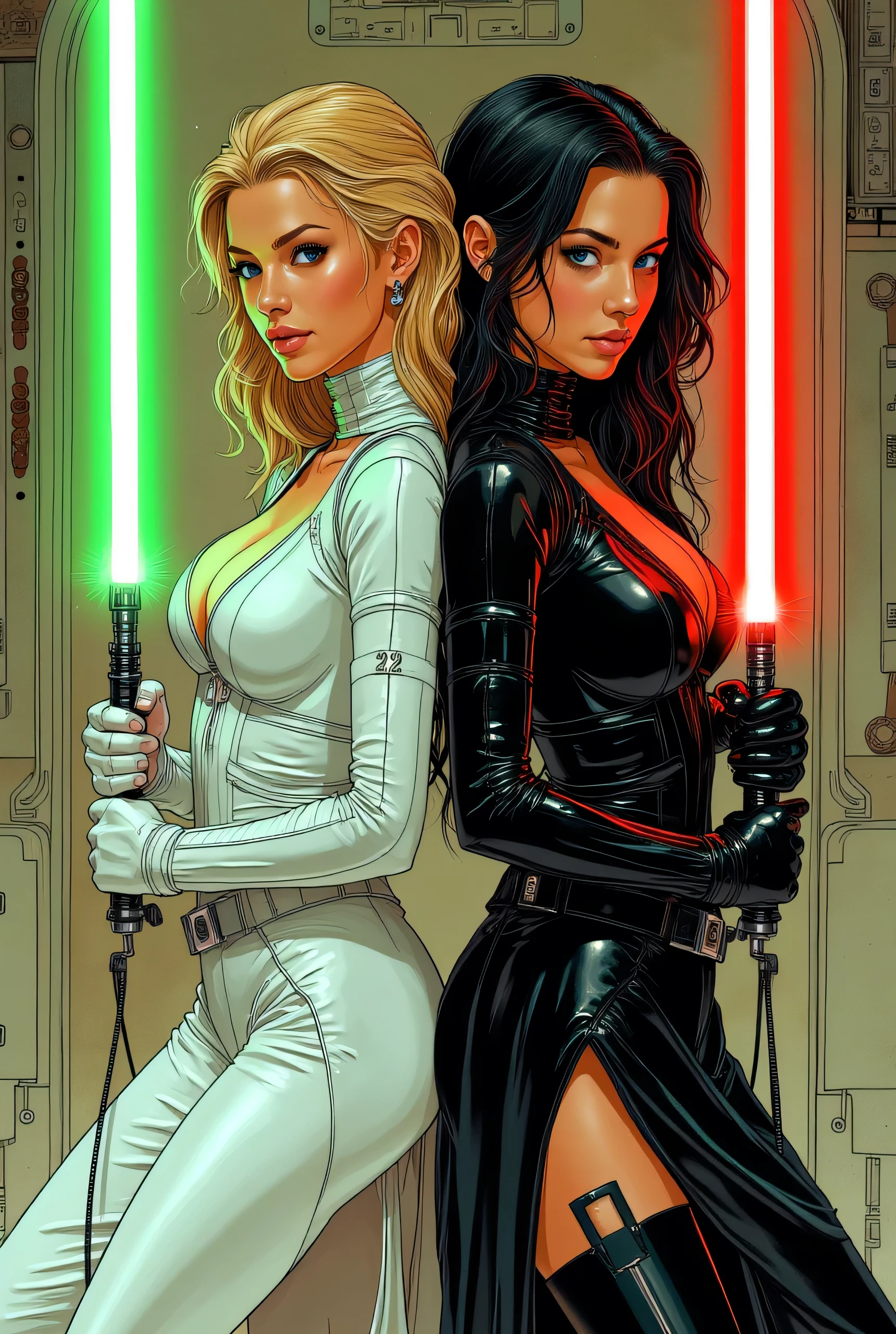 Score_9, score_8_up, score_7_up, ((highest quality)), ((masterpiece)), Perfect Face, (High definition), (Best Shadow), 8k, cinematic. Luis Royo's style, comics sexy art. Two sexiest characters in revealing dress (half-bust:1.2), (1)a Jedi blonde woman with green lightsaber, in white revealing suit(2)a Sith brunette woman with red lightsaber in black revealing suit. ((two different characters:1.3)), ((two picture in one:1.5)), ((full body view:1.3))
