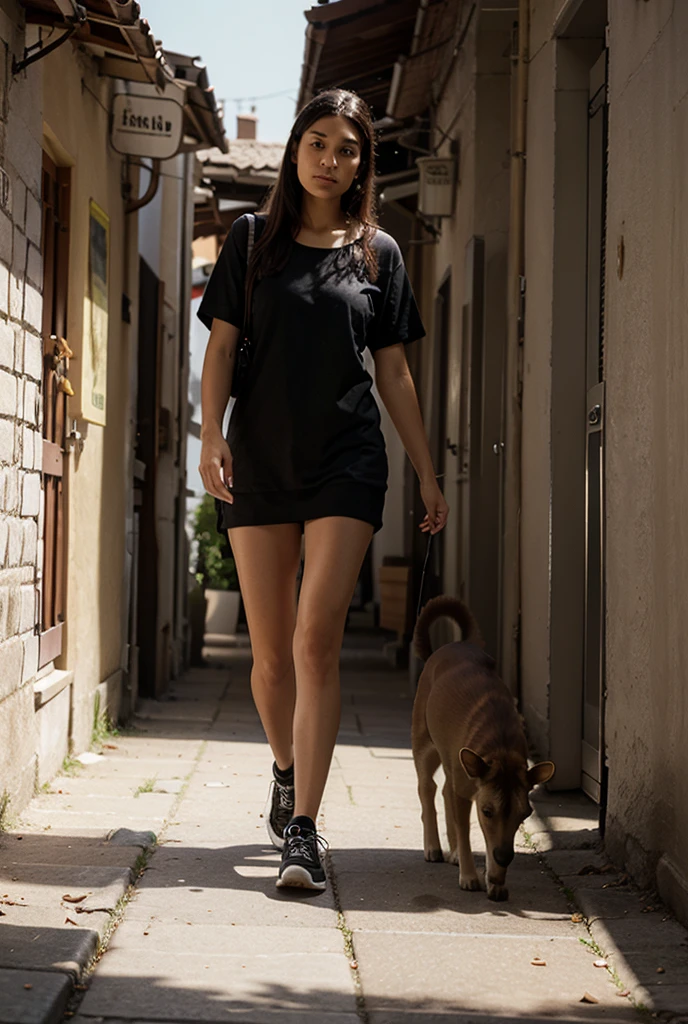 A imagem mostra uma mulher loira com um cachorro em um parque