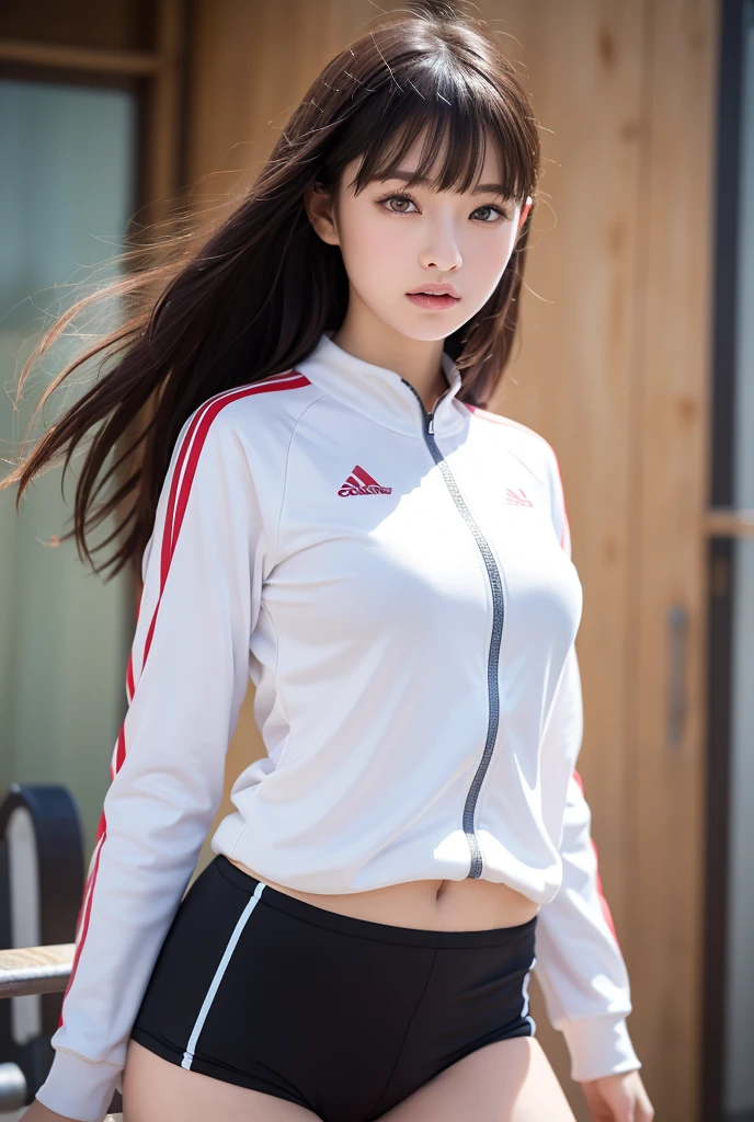 ((sexy pose:1.5)) ((sitiing)) ((clothes are wet:1.4)) ((hair is wet:1.2)) ((medium chest:1.2)) ((rain:1.5)) ((close-up:1.2)) best quality,masterpiece,ultra high res,(photorealistic:1.4),raw photo,(Authentic skin texture:1.3),(film grain:1.3),panorama,character portrait,very wide shot,narrow waist,cowboy shot,(in the dark, deep shadow, low key, cold light,) night,(()),streaming tears,,dust,Tyndall effect,(expression),1girl,beautiful detailed eyes and face,white jabot,brown eyes,((track and field uniform uniform:1.3)) ((track and field:1.4)) ((brown hair:1.2)) ((long hair))　((half french and half korean:1.3))((flat stomach:1.2))