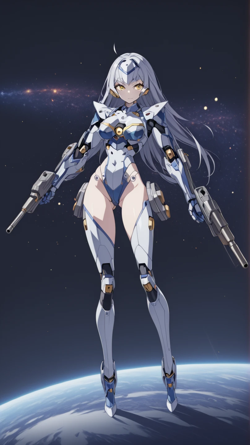 Kos-Mos posing with blue hair on the hull of a spaceship