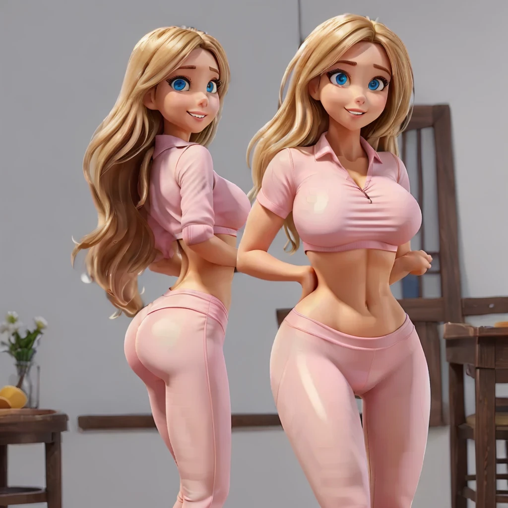 Four Unrealistically beautiful twenty-five year old girls in tight leggings in the gym. Big breasts. Big asses. Wide hips. Big thighs. Very beautiful faces. Cute faces.