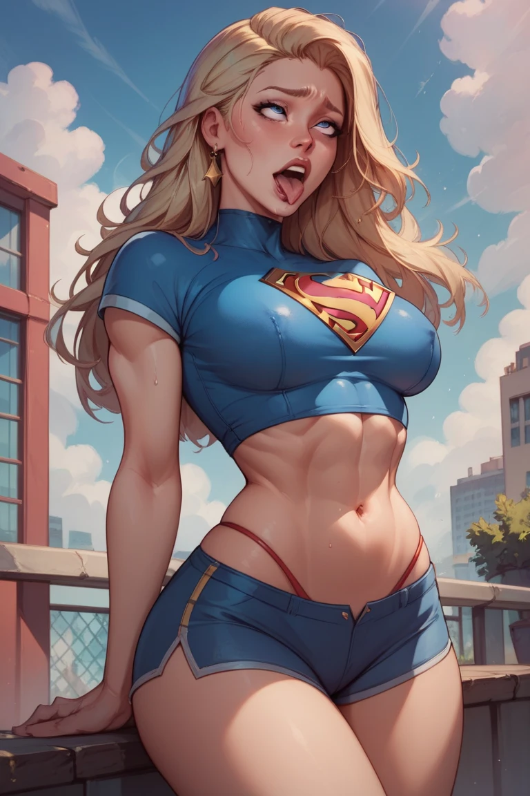a digital painting of long-haired supergirl, cyberpunk art by Josan Gonzalez, winner of the behance contest, afrofuturism, synthwave, neon, shiny neon, thick thighs, thin waist, sensual, nsfw, little clothing, erotic art, anime, torn battle clothes, extremely sexualized, sweaty body, NSFW