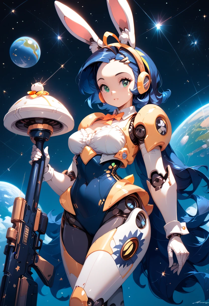 digital painting, atompunk, Space suit,Radar dish, 1girl, woman, bad girl, [:intricate costume design,:0.2], bombshell punk hair, indigo hair with brown highlights, swept bangs,Wavy Lob, bombshell hair, pastel brown hair, Wedge Cut, slim, atheletic figure, narrow waist, medium breasts, caucasian, giant robot<lora:EnvyAtompunkXL01:0.75>