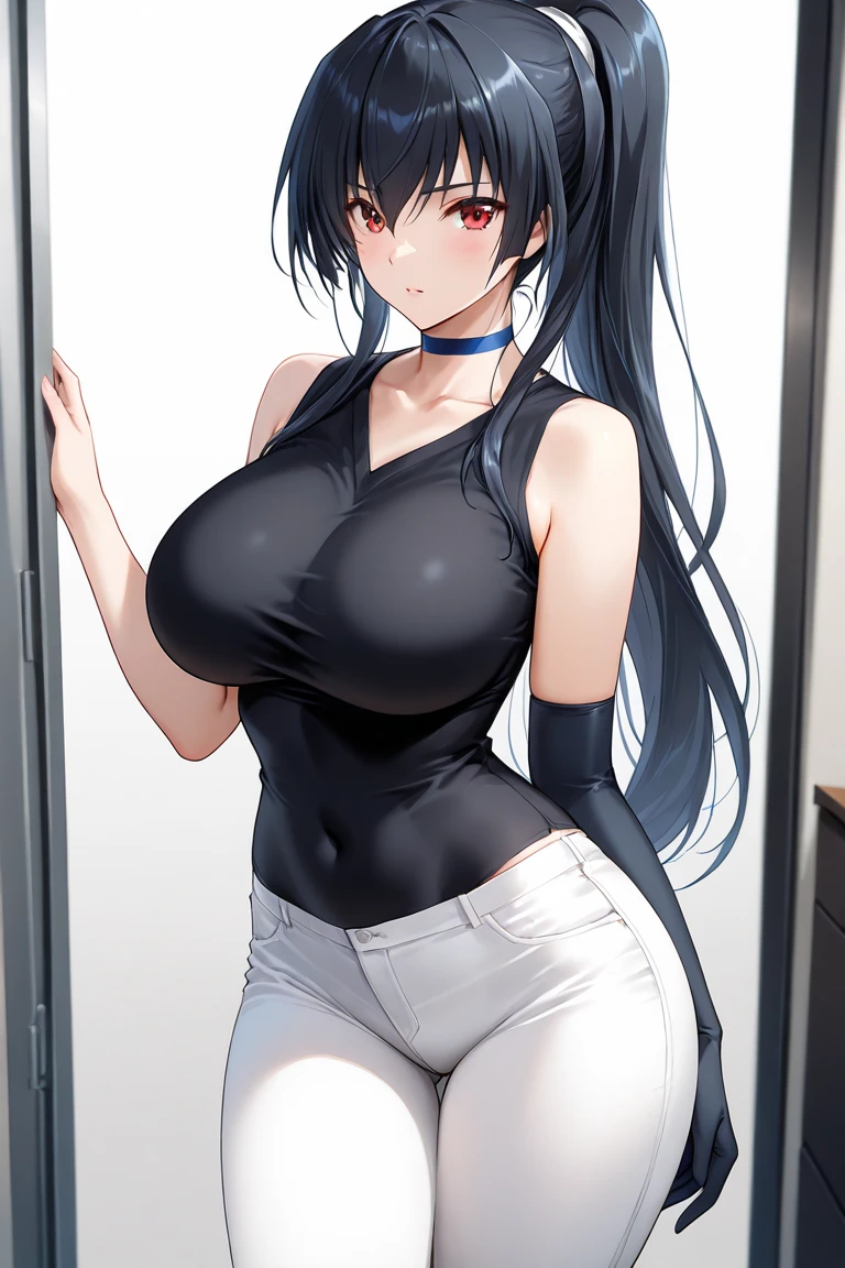 Girl with big boobs wearing tight and revealing outfit and a very short skirt with no under wear long black hair facing foward