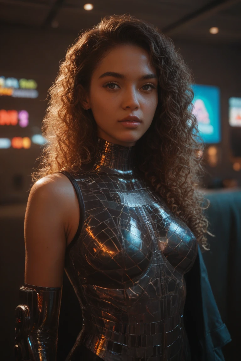congolese girl, (very young, adolescent), (curly ginger mullet, very small breasts, very skinny, nose ring), (glass bodysuit), (close shot, face shot, intimate camera, cinematic)