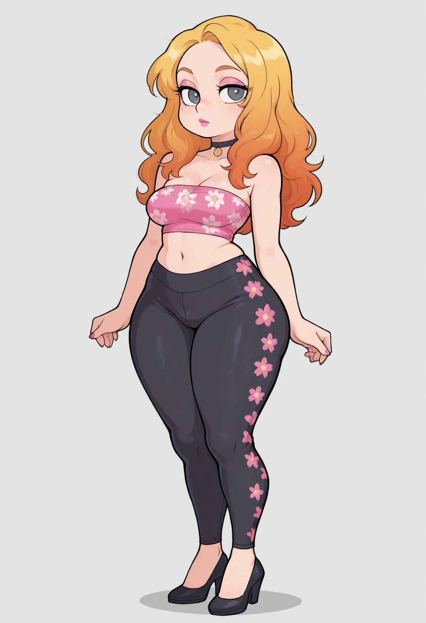 Francine Smith, looking at viewer, pink lipstick, choker, Blonde hair, medium breasts, huge hips. long hair. black eyes. | masterpiece, best quality, amazing quality, very aesthetic, perfect eyes,((r17329_illu)),gotic, gr4ph1t3, , Fr3ckles, ginger hair, grey eyes, freckles, 1girl, b0h0y0g4, flared yoga pants, floral print, full body, tube top, white background,,A digital illustration showing a young woman in a strapless dress and colored pants, with a plain gray background. She stands with light skin, long wavy red hair, blue eyes, and a neutral expression. Her body is slim, and she wears black high heels
