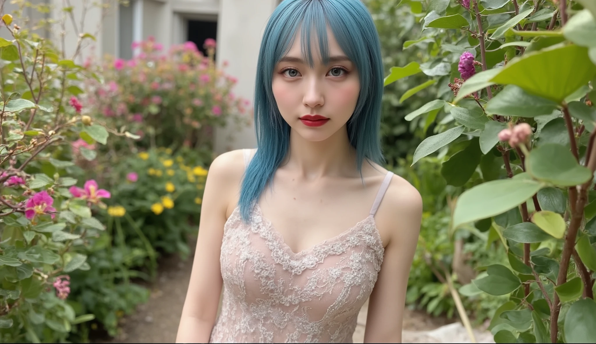 16 kg, masterpiece, Realistic, ((PhotoRealistic realism)), Ultra high resolution, (( super crazy quality ,  epice masterciece , intricately detailed  digital art)), ((Focus on extremely realistic body proportions:1.3), "portrait of a woman { wearing a dress with intricate details  (Bold,  feminine work  ), standing in a garden}." front view, ((restraint with metal fittings:1.25)), (ultra-Realistic texture details: velvety skin, My hair), ((clear focus, no blurry eye,  Super Absurd Quality , HYPER DETAIL, Hyper Realistic green_eye:1.4)), ((Very thin eyebrows)), (Long Blue_mascara:1.23), (perfect round eye), (Detailed pupils, ( ultra-fine detailed eyes )), detail lip :1.3, (Shiny red_lipstick:1.3), (perfect proportions:1.2), ((chest:1.4)), (White tight dress made of lace fishnet), [(sweet & Gabbana, Floral Style:1.26), (Elegant Fashion, intricately detailed :1.28), Floral Couture, ((clothing made of silk and pink flowers ))], (( wearing a fitted dress )), [black gothic punk skirt with frills ((Elaborately decorated,  is multi-layered lace with black cobwebs:1.3))], (( White Lace Up :1.3)), Super Intricate Details,(( She's the Incarnation of Beauty and Charm , floral bodysuit that takes your breath away, Elegant and Refined:1.2)). DSLR,  HIGH QUALITY SPLIT LIGHT  , clear focus captured by Fujifilm XT3, f 5.6,(perfect composition), ((viewers)), HDR, Ultra high resolution, Studio Lighting, Physically Based Rendering, vibrant colors,