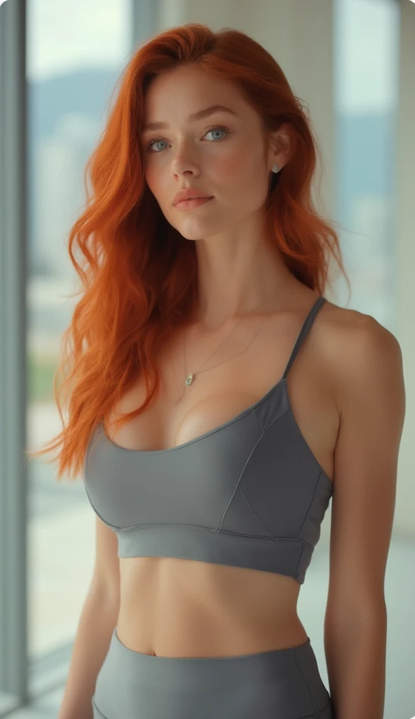 (Realistic photo of a beautiful woman, full body picture, 35 years old, grey eyes, full full lips, red hair, long curly hair, curls, big boobs, tanned skin, jewellery, realistic, soft lighting, professional photography, photorealistic, detailed, RAW, sharp focus, ultra-high resolution, best quality, masterpiece, (best quality, high-resolution, ultra-detailed:1. 2), HDR, bright colours, sexy, earrings, gym, workout, yoga, legs