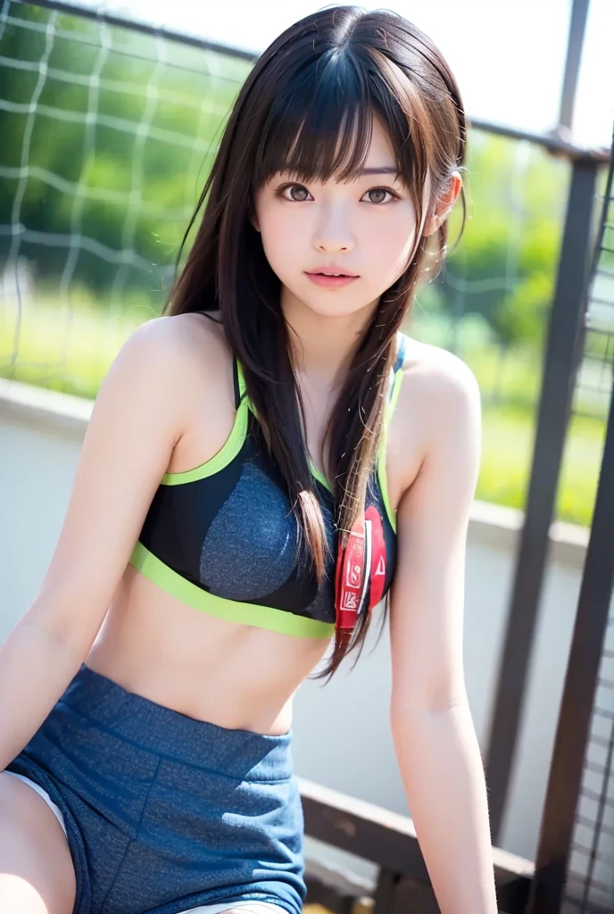 girl at the gym sexy body workout low-cut outfit straps, little clothing, perfectbody