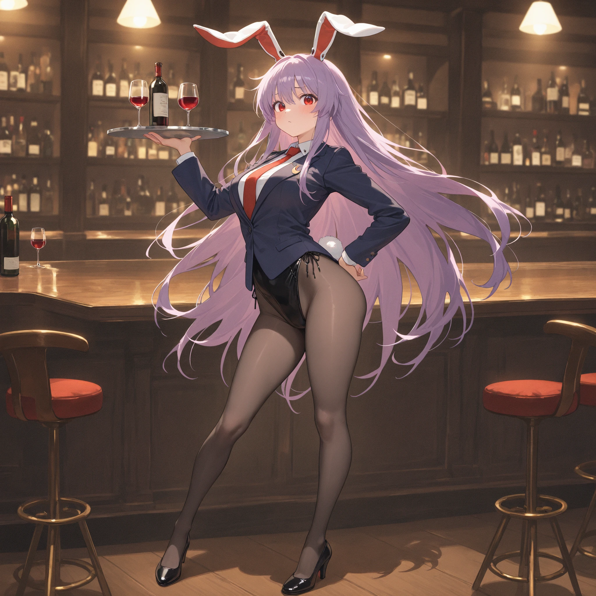 masterpiece, best quality, 1girl, solo, kirisu mafuyu, looking at viewer, annoyed, closed mouth, blush, embarrassed, large breasts, playboy bunny, rabbit ears, black pantyhose, red bowtie, wrist cuffs, black leotard, holding tray, foods, drinks, sitting, spread legs, cafe shop, restaurant, full body,
