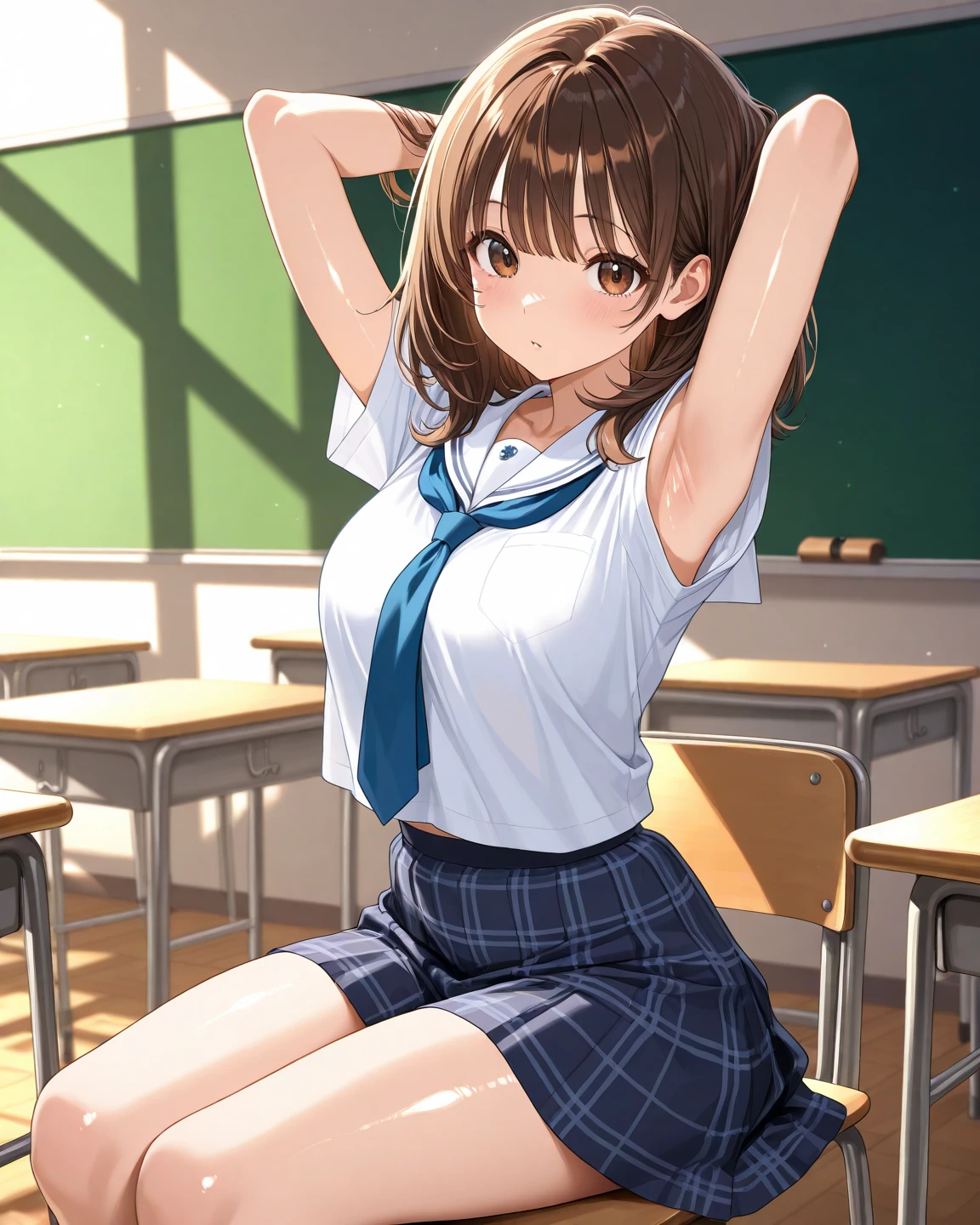 realistically, brown eyes, ponytail, glowing eyes, white short skirt, extra short skirt, Blush, daytime, Wet from the rain, see through, sleeveless shirt, nipples, pussy, crotch, embarrass, Sit with your knees raised, windy, yuki mikan, the skirt is turned up, highest quality, High resolution, highly detailed face, perfect lighting, higest detailed CG, perfect hands, perfect anatomy, armpit, medium breast,