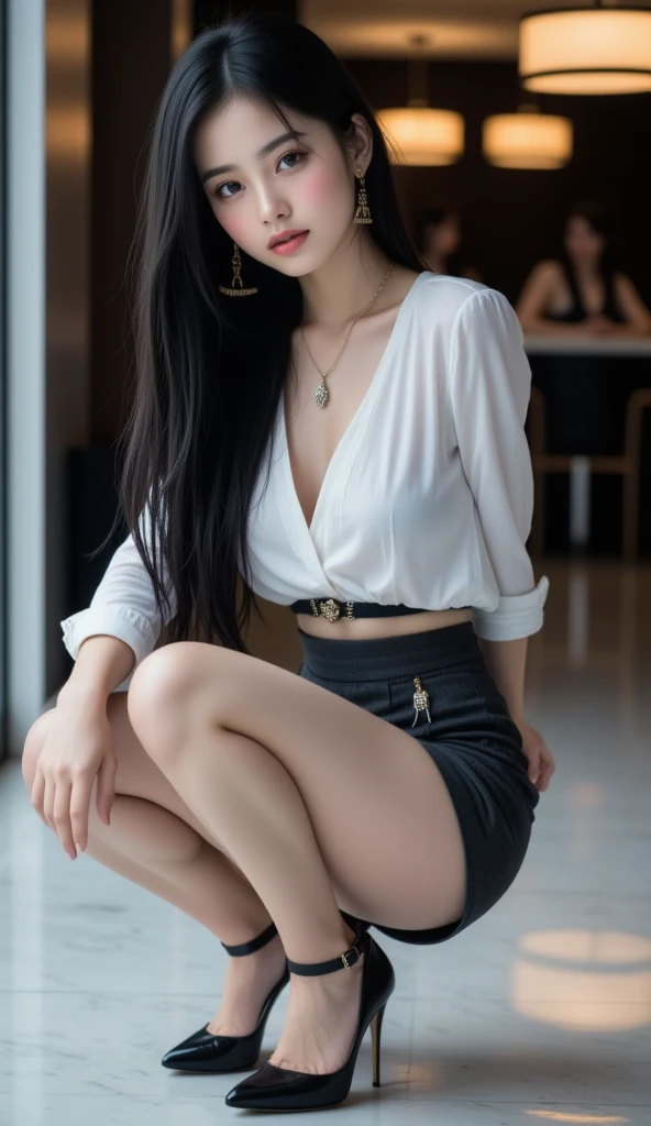 Chinese girl with long black hair, Beautiful, full bodyesbian, Small breasts, spread their legs, On the back, Wear it with a short black skirt and fishnet socks, high-heels, red lipsticks