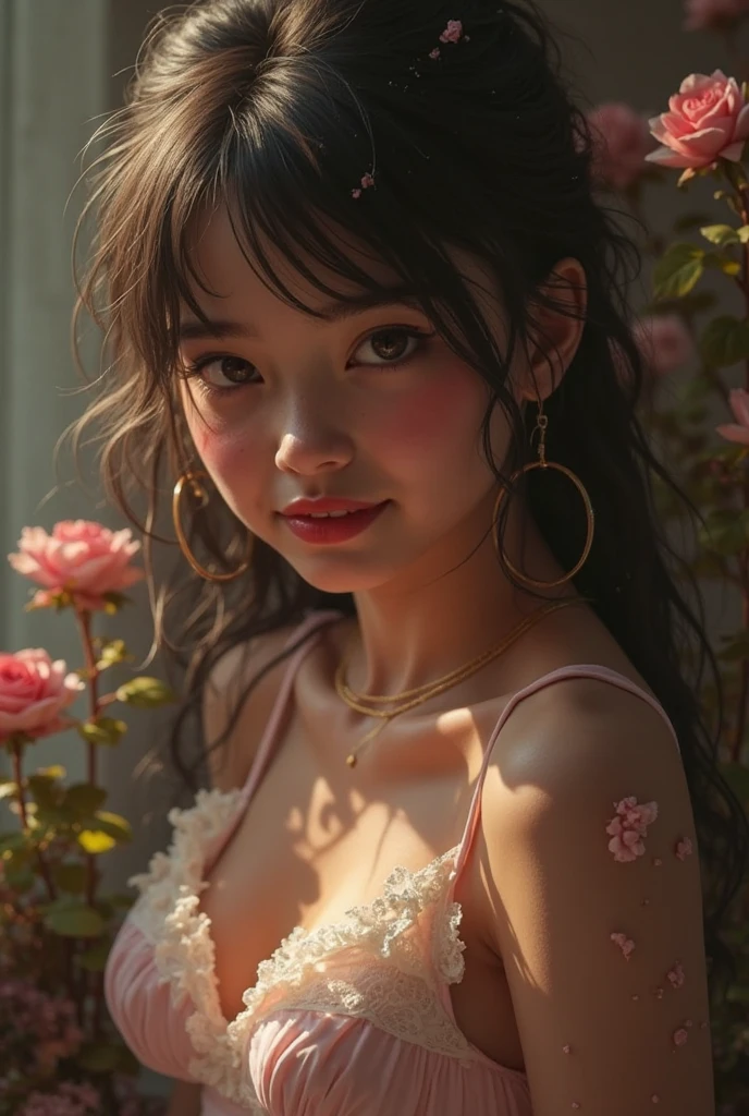 A portrait of a beautiful confident korean young woman with a suttle smile wearing a pink crop top with her hair in two messy space buns with a brown bandana.she is wearing suttle makeup ,dainty gold jewelry ,acrylic painting style. The painting should be vibrant colors,The background is a mottled gradient with grey poppies outlined in gold