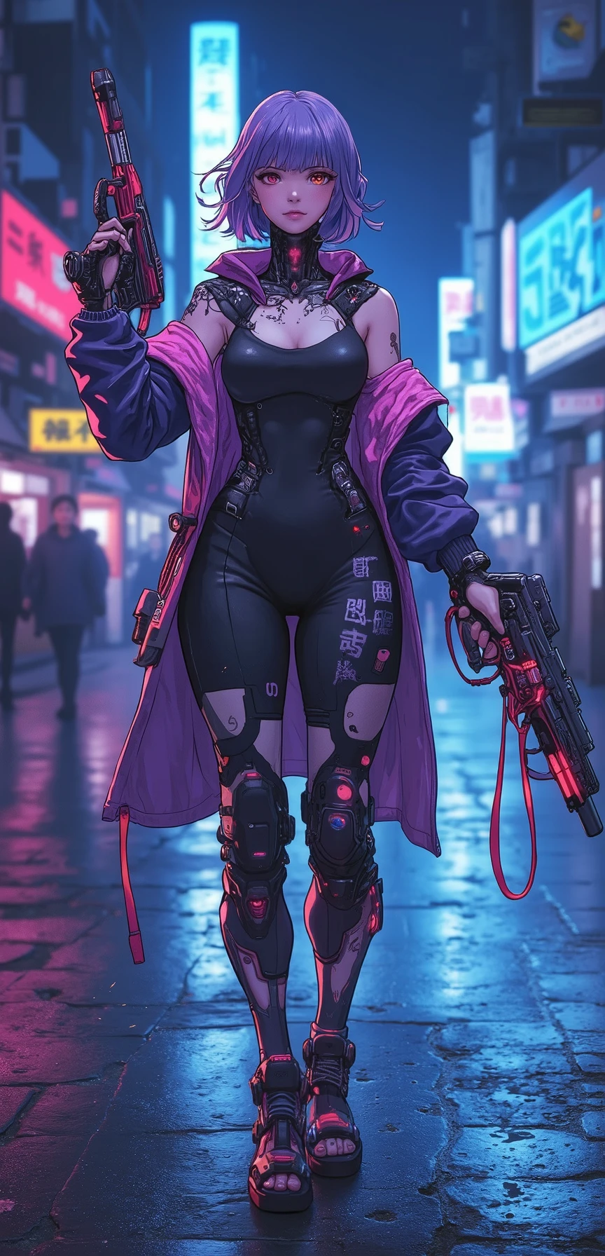 1girl, Faye Valentine, Cowboy Bebop, bob cut, solo, big breasts, green eyes, purple hair, hairband, cbbebop, cbbebop spaceship, (best quality, realistic), futuristic cityscape, neon lights, bounty hunter, space western, intense action, femme fatale, dynamic pose, jazz music, smoke, cigarettes, leather jacket, gun, yellow background, confident expression, stylish outfit, mysterious atmosphere, cyberpunk, sci-fi noir.