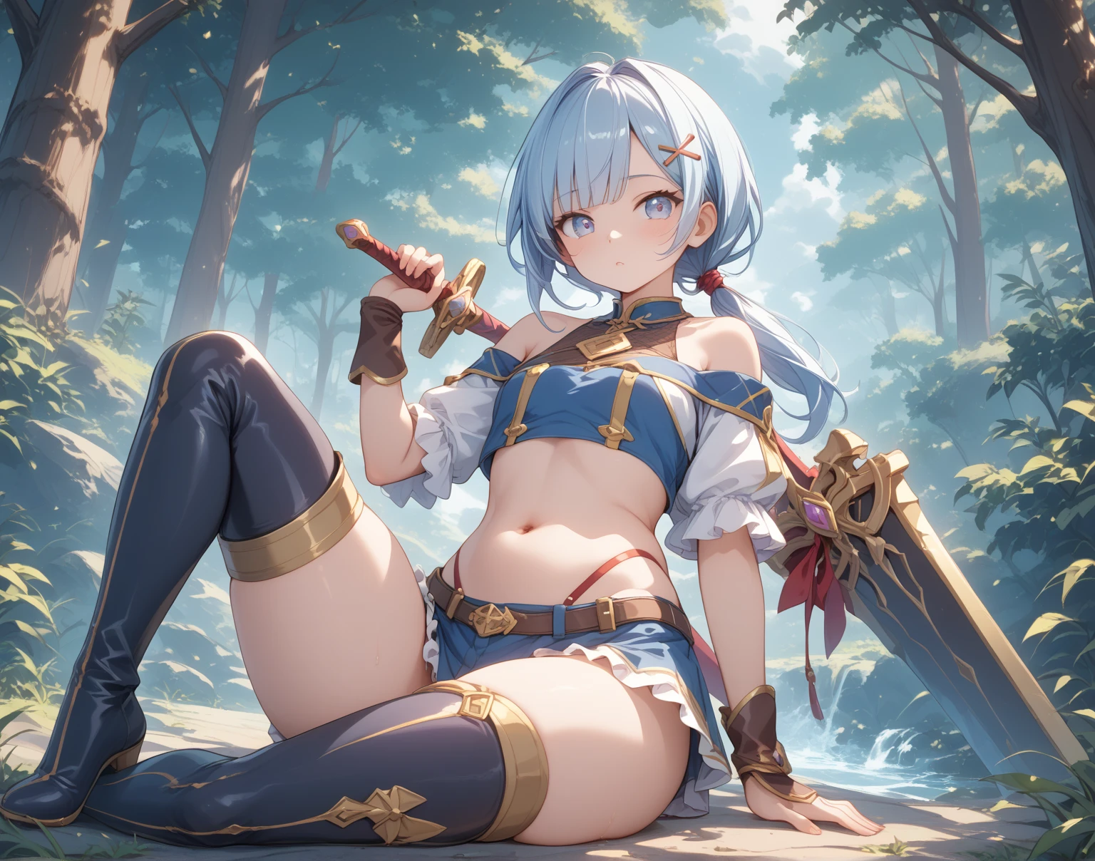 masterpiece, best quality, absurdres, perfect anatomy, (1girl, solo), Ashelia, short hair, AsheliaOutfit, miniskirt, thighhighs, jewelry, belt, standing, cowboy shot, smile, dynamic pose, dynamic angle, outdoors, plains, hills, (sitting, spreading legs by hands), spread crotch by hands, spread_pussy, (spreading pussy by hands)
