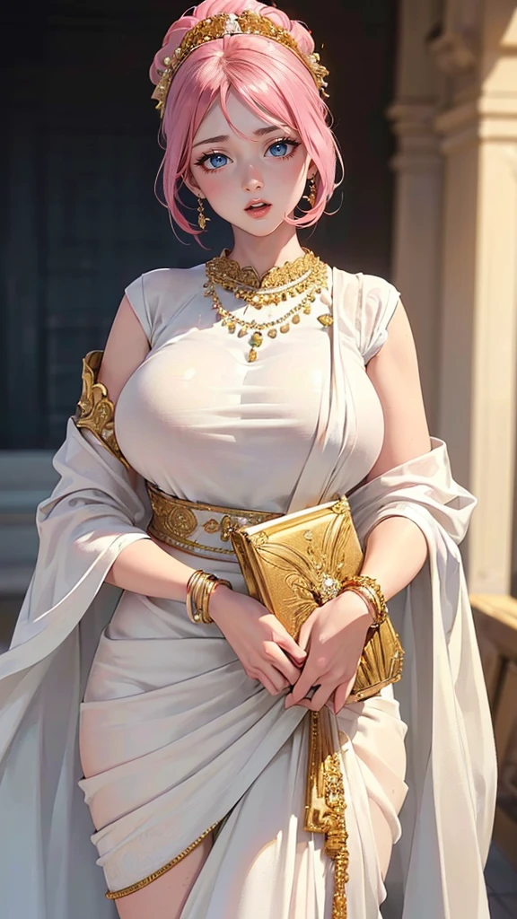 masterpiece, absurdres, ymir, 1girl, solo, smiling, mature female, wearing indian saree, saree, looking at viewelling petals), perfect composition, detailed lips, big breast, beautiful face, body proportion, blush, (pink lips), blonde hair, open hair, soft gaze, super realistic, detailed, photoshoot, realistic face and body, full body picture, 16k, at a flower garden, wearing high heels, sitting,