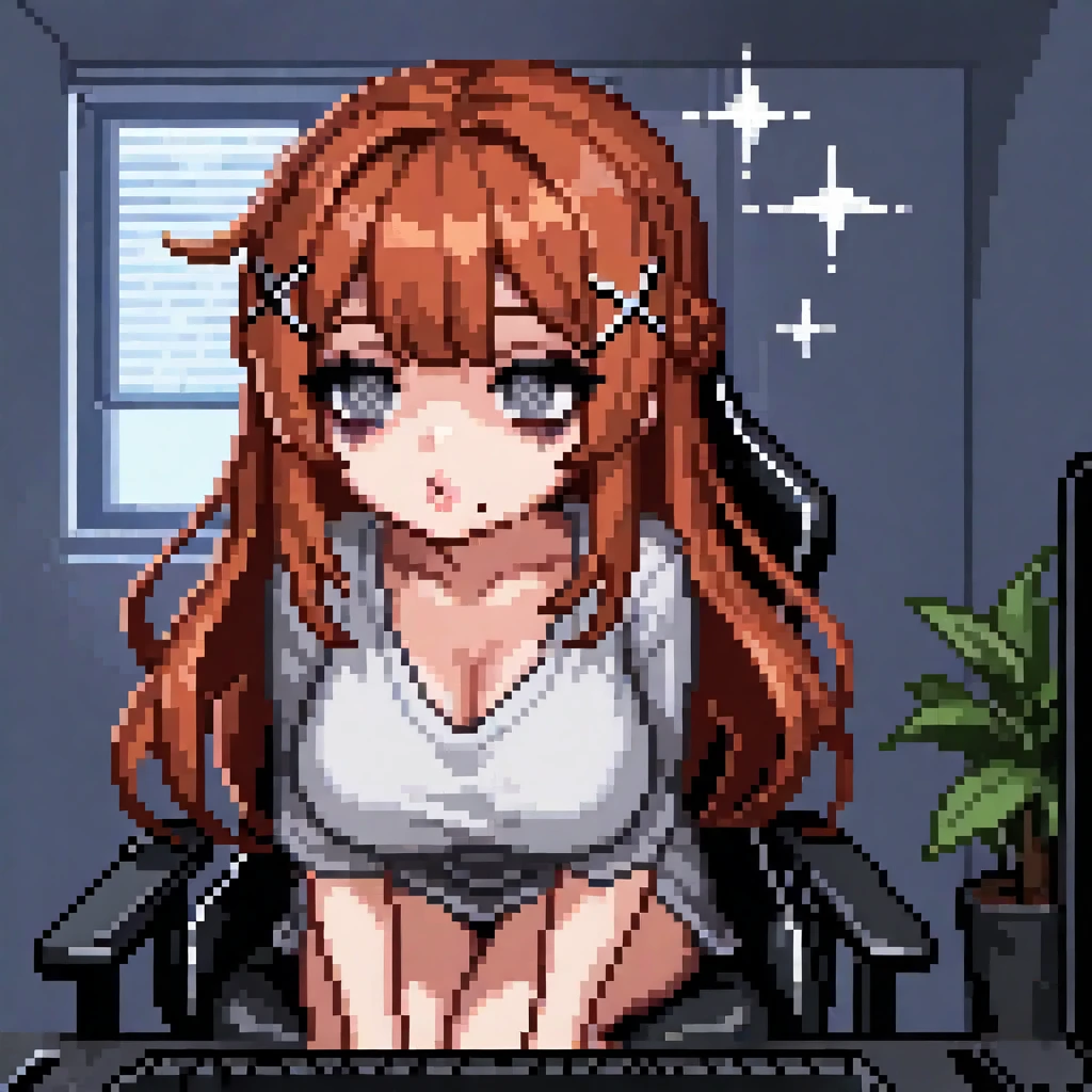 girl, gamer, pink hair, long hair, looking at monitor, sits on chair, laughing at monitor, big breasts, mini skirt, pink jacket, blue eyes, apartment
