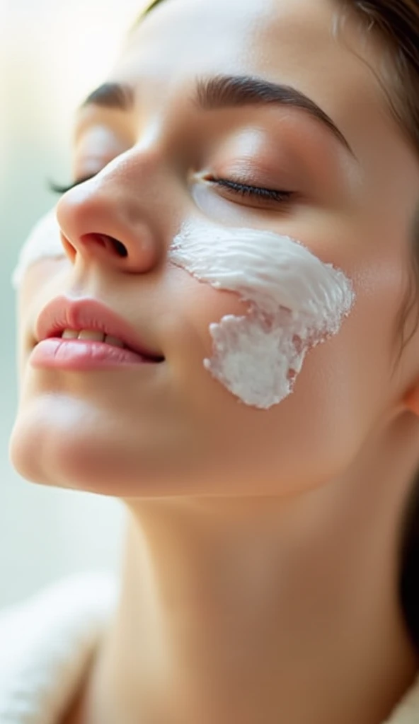Crie uma imagem de uma mulher lavando o rosto com um produto de limpeza facial