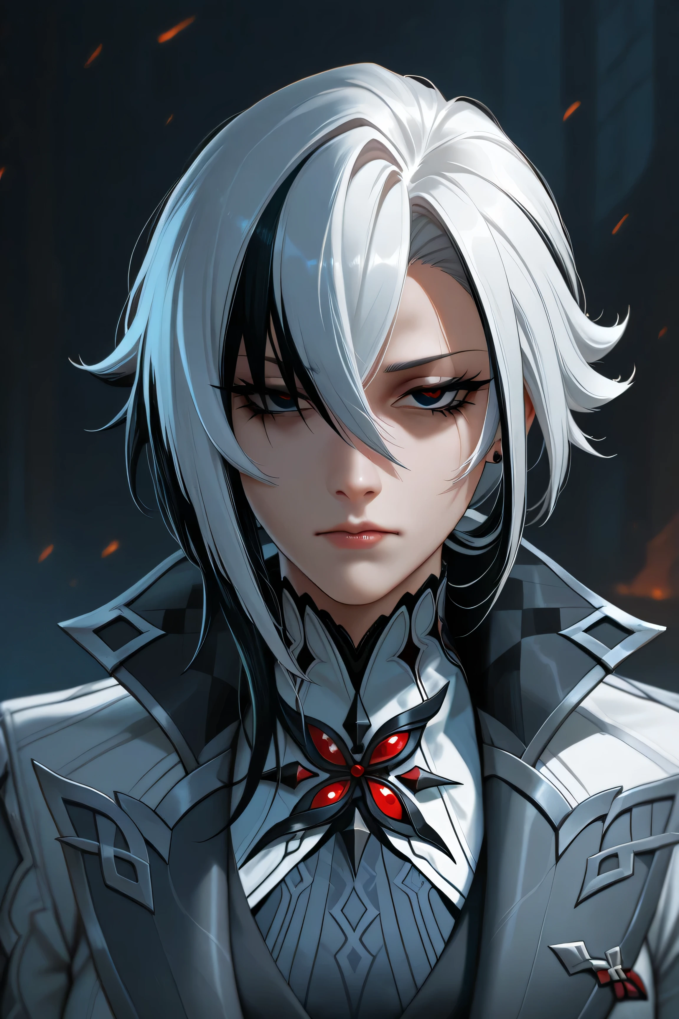 Arlecchino from genshin impact, big , Very detailed black eyes with an "X" shapped pupil, long silver hair with black strains, badass, epic, cinematic, front view, death stare, dead eyes, hot, attractive, detailed face, long eyelashes,