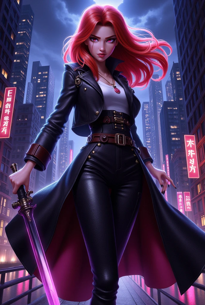 ((best quality)), ((masterpiece)), (intricate details, hyperdetailed:1.15), 35mm, bokeh, (perfect face, highest detailed face), (cowboy shot), Organization XIII Coat, hood down, <lora:OrganizationXIIICoat:1>, (hailoknight, Solo, 1girl, holding glowing katana infront of her, holding sword:1.4), <lora:hailoknightV2E12:1>, fashion photography of bratz, <lora:bratz3-01:0.6>, lips, large breasts, beautiful, makeup, mascara, lip gloss, perfect eyes, long eyelashes, long red hair, smile, looking at viewer, 8k, shiny, glow, (bloom), beautiful girl in a dark city, photoshoot