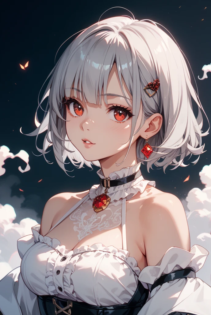 (masterpiece), (best quality:1.1), (ultra-detailed:1.1), (an extremely delicate and beautiful), 1 girl, beautiful face, (detailed face), mash kyrielight,White hair,short hair,red eyes,hair over one eye,girl,woman,female, little,child,10 years old, medium hair, curly hair, bangs, eyes visible through hair, side braid, white and black hair, multicolored hair, red  inner color, beautiful detailed Glass hair, delicate beautiful face, evil grin, red pupils, fangs, small_breasts, pale blue eyes, white skin, choker, Crystalline purple gemstone gloves, nice hands, perfect hands, (close-up upper body:1.2), cowboy shot,blue eyes,(🦁,lion), gold hair,serious,long dress, Leo,signs of zodiac,power, stars, sun,flowers