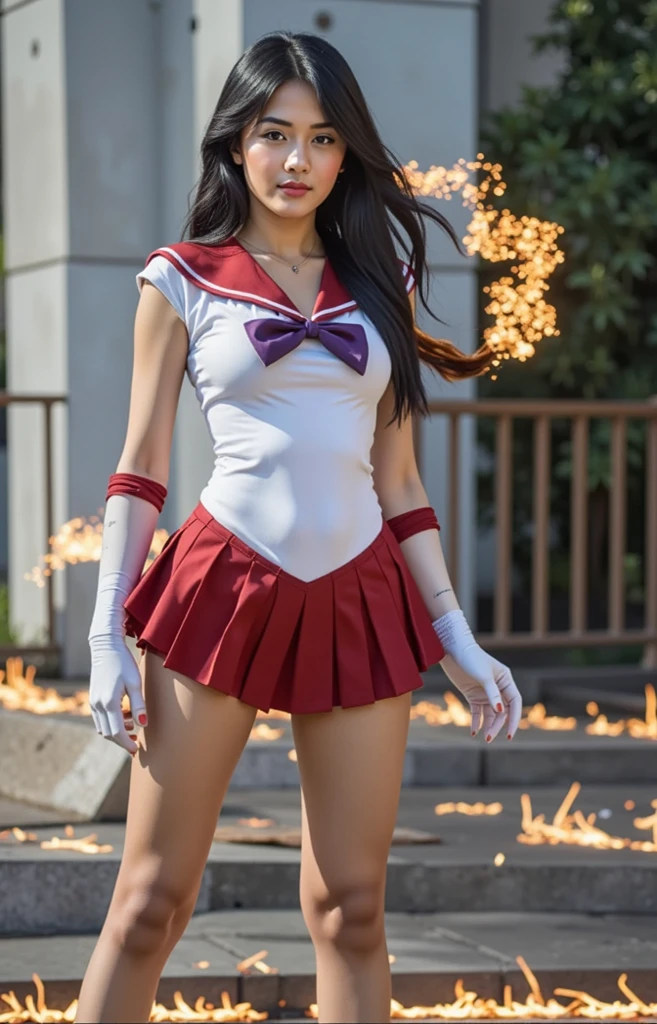 (masterpiece, Ultra High Resolution, 16 K, absurdness quality:1.3), 1girl in, (realistic pictures of Sailor Mars:1.4 Beautiful woman:1.15, ultra detailed face:1.3), Perfect eyes, (Natural huge tits:1.75, Realistic nipple:1.5), (tiara:1.3, Sailor Uniform:1.55, White Gloves:1.1, Red sailor color:1.15, Red skirt:1.1, Red high heels, elbow groves:1.1, Pleated skirt, Bare legs, Purple Ribbon:1.1), (realistic fire magic with using sailor moon magical stick:1.65), (Interior of a realistic abandoned building:1.1, Dark atmosphere:1.4),
