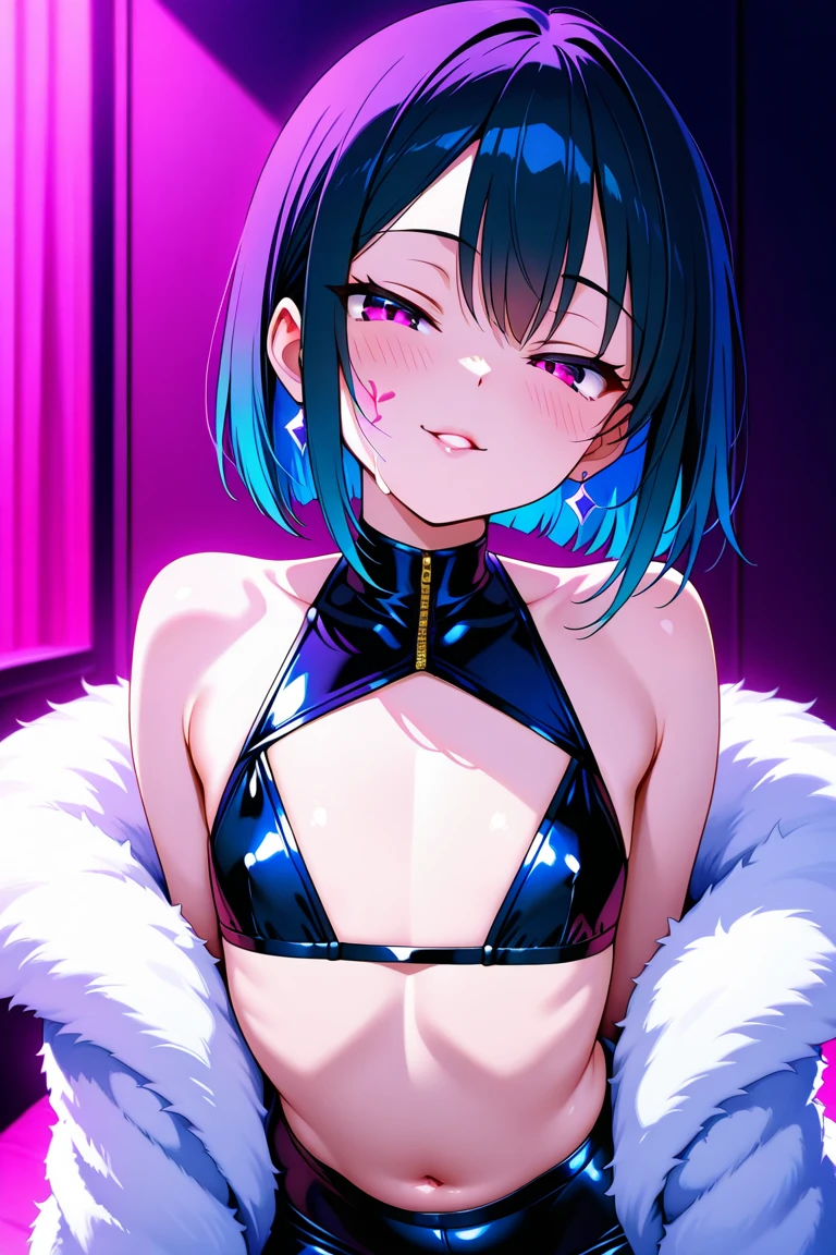 1 Girl, Punk Rock clothes, Short Shoulder Length Hair, (Black hair, Blue and Purple Hair Highlight's), Deep Blue Eye's, Medium Breast Size, Underboob, Sassy, Sexy, Slutty, Pale white skin, Freckles, Tight Button Up Shirt, Black Leather Pants, Hands Behind Back, Leaning forward to show more cleavage, (((NSFW, showing , tits out, out, nude, naked, fully nude, lewd, sexual))), (((sexy position 1:1))),