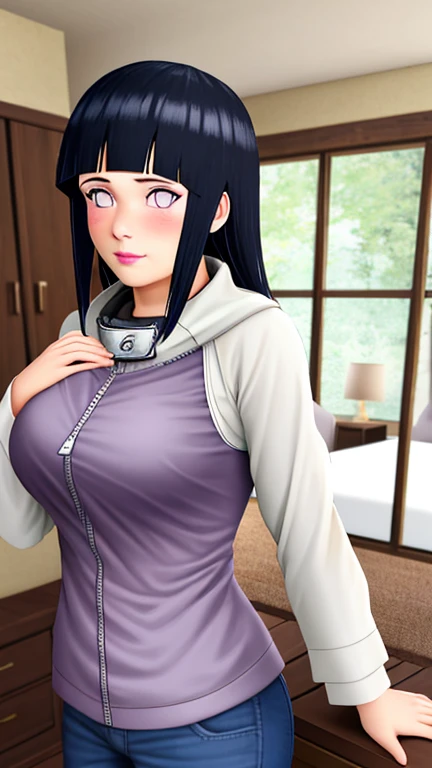 Masterpiece, highres, high Quality, detailed face, detailed body render, 1girl, solo, hyuuga hinata, hinata-sleeveless-outfit, large breasts, big breast, sleeveless shirt, fishnet top, dark lips, unzipped jacket, no bra, breasts out, nipple, standing, blushes, (on bedroom)