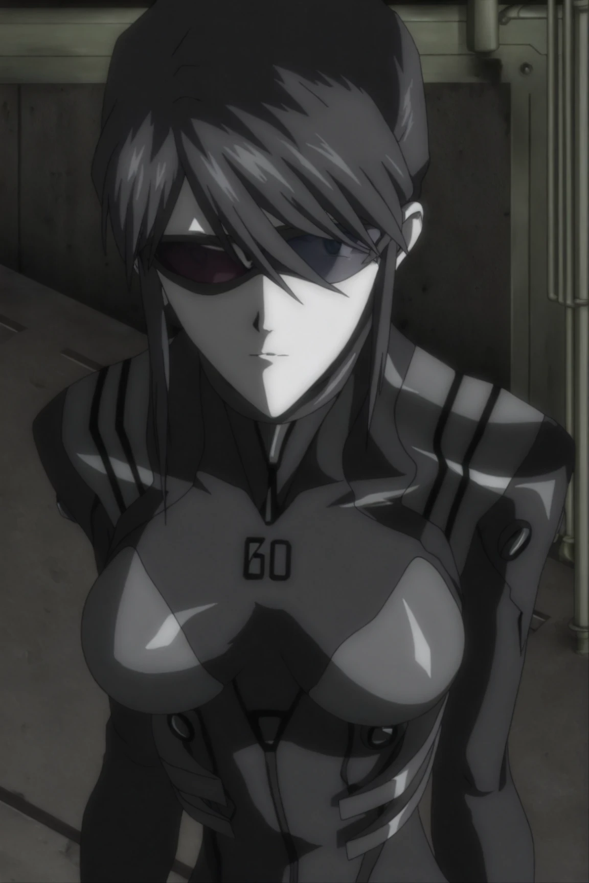 portrait, 1 girl, makise_kurisu, black latex suit ,side sitting, beautiful face, belt, futuristic helmet, detached sleeves, black hair, black eyes, hip vent, open jacket, cute, look at viewer, rainy, stomach tatoo, Science Fiction, On earth,barren planets, ruins
