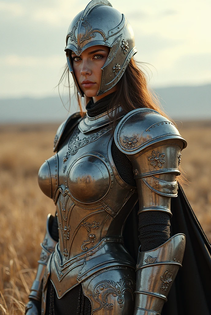 (photo, realistic), female, steel lingerie, monster, russian warrior, (detailed skin texture:1.2), messy hair, glowing eyes, warrior outfit, helmet, greatsword, dark magic, high quality, film grain, depth of field, bloody ice
