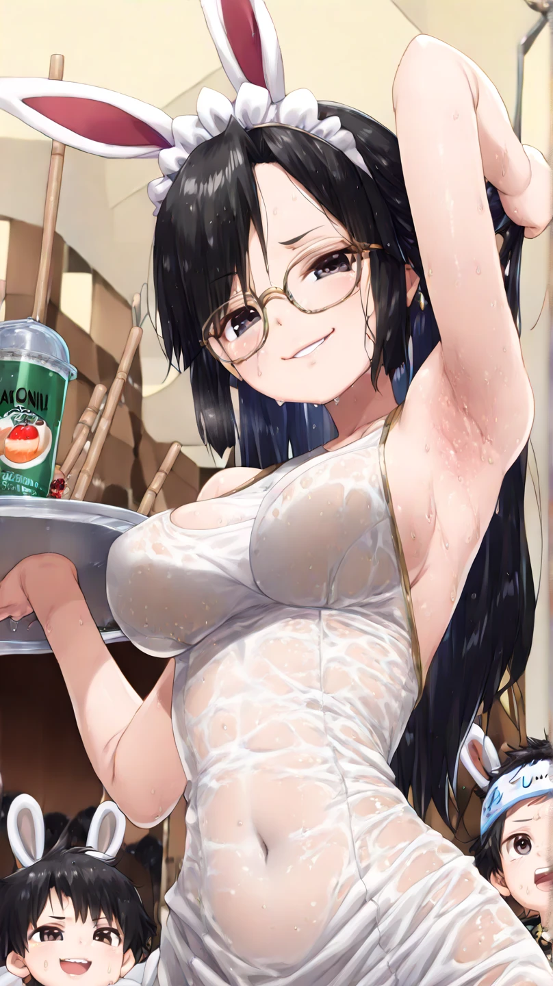 (1girl), ( Sitting on a desk with one leg raised and resting on the desk ), (front view, looking up from below), looking at viewer, Perfect style,super gigantic huge breast, super gigantic plump butt, beautiful slim curve, (super beautiful tighs:1.5), (dripping milk and syrup:1.6), beautiful face, accurate, anatomically correct, highly detailed face and skin texture, detailed eyes, blue eyes, double eyelids, thin eyebrows, glitter eyeliner: 1.2, blushed cheeks, round face, glossy skin, fair skin: 1.2, (glossy lips: 1.4), (heart shaped pupils) , full of delight, innocent and Cute girl, BREAK first-person-view, ((Wearing , costume of barista , wet , transparent :1.6)), ( it consists of stylish cafe apron, white blouse, denim jeans ) , (wedgie of panty:1.6), (beautiful sideboob:1.6)((( glossy black hair with vivid red sidecolors:1.5 ))), (( beautiful extra long hair, straight:1.6)), (glossy accessories:1.5),(Glasses that give an intellectual impression:1.6), BREAK (Full body shot: 1.2), (focus on her tighs), ((( at the laboratory for experiment of creatures: 1.6)), (very terrible atomosphere:1.6), top quality, (Masterpiece: 1.3), (Maximum resolution: 1.2), (Ultra HDTV: 1.2), Cinema light, Ultra HDTV, (Detailed eyes and skin), (Detailed facial features), HDR, 8k resolution, Sharp Focus: 1.2,