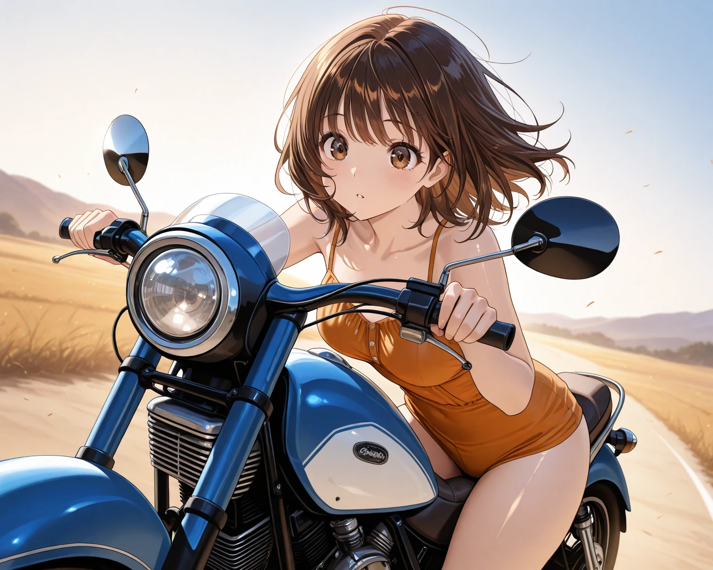 Bare shoulders with full breasts ochako uraraka pecho enormes ochako montando una moto, ((moto completa roja))