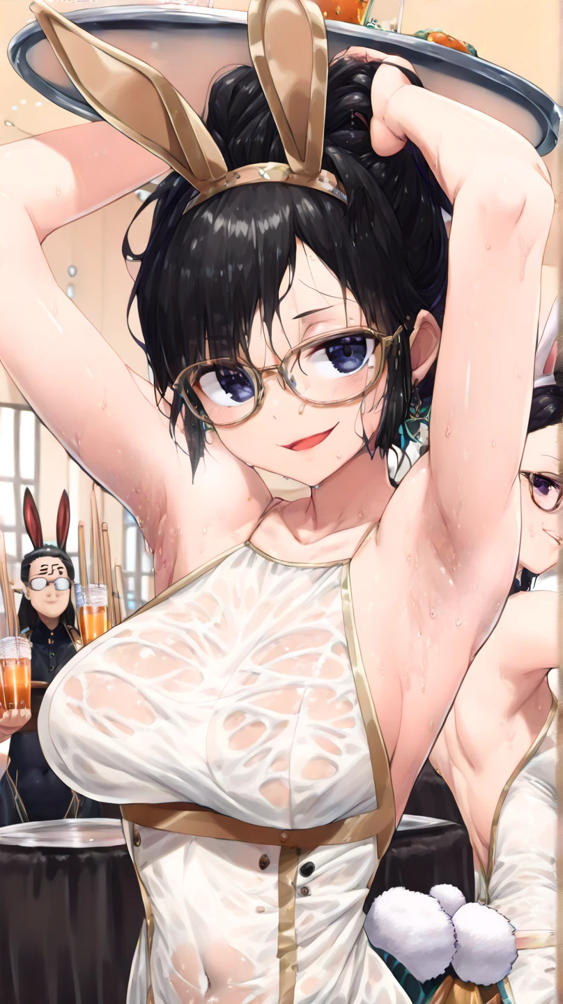 masterpiece, best quality,anime style, 1 girl,(((slender body))), (((small eyes,small breast,breastfeeding a baby))),((((breast milk splashing from nipples)))),(((tennis uniform,glasses))),(((((3 monkey grabbing the girl)))),((((cum)))), (beautiful face), (((short hair))), (((straight hair))), ((((black hair)))),detailed beautiful skin, (perfect hands, perfect anatomy)