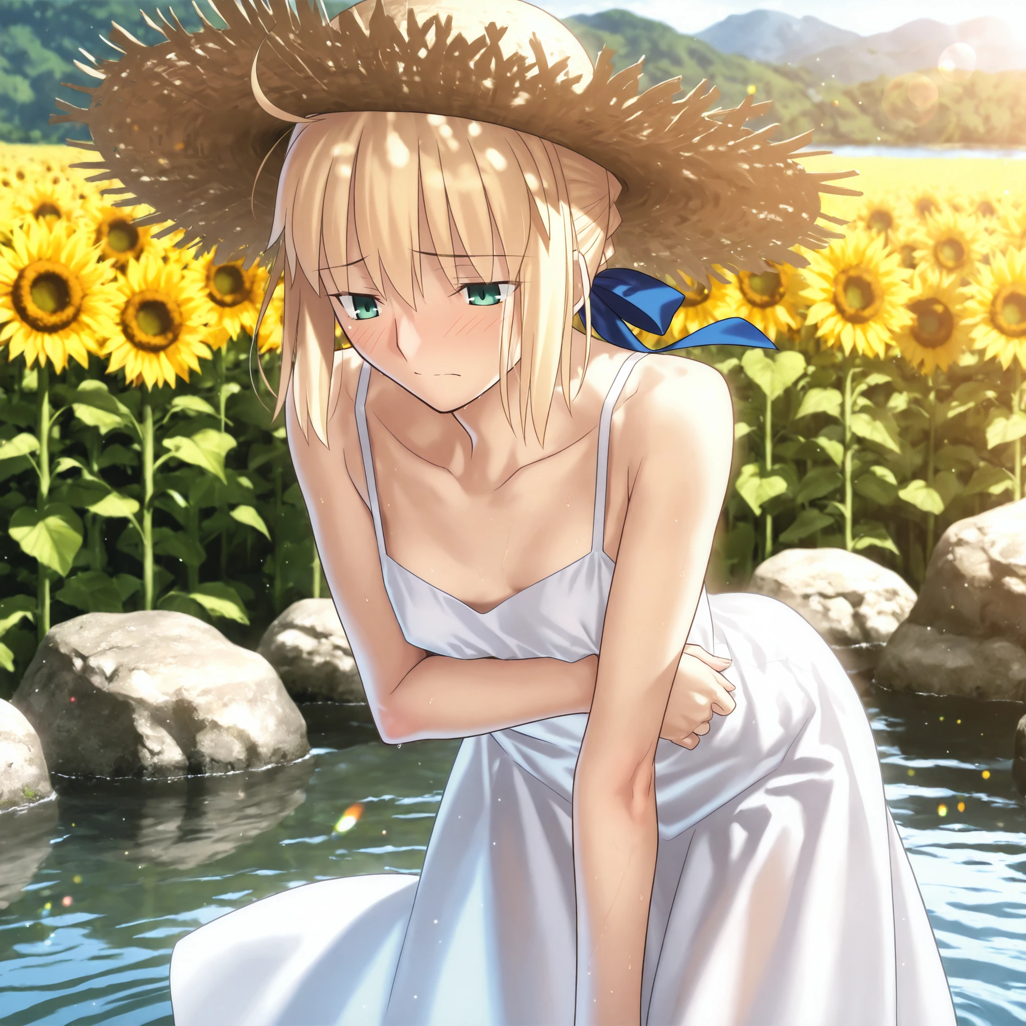 masterpiece, , absurdres, highres, detailed background, high resolution, masterpiece, necessary, detail, best quality, quality, necessary, details, High details, Precise, 8k outdoors, (colorful light particles, powder light, river), day lens flare, blurry background, from above,
1girl, Takeuchi Takashi (type-moon,tsukihime) style, takeuchi takashi style, (aged up),(Sunflower field), rock, in lake,(arm under breasts,), closed mouth, ,(cowboy shot), ,
girl, (slender body, slim arms, slim bod),girl, artoria pendragon, saber (fate) ,blonde hair ,green eyes,(half-closed eyes),(straw hat), ,hair ribbon ,blue ribbon ,short hair ,sidelocks ,frenched braid, (white summer dress, sleeveless), (flat chest),(looking down),bent over ,light embarrassed,